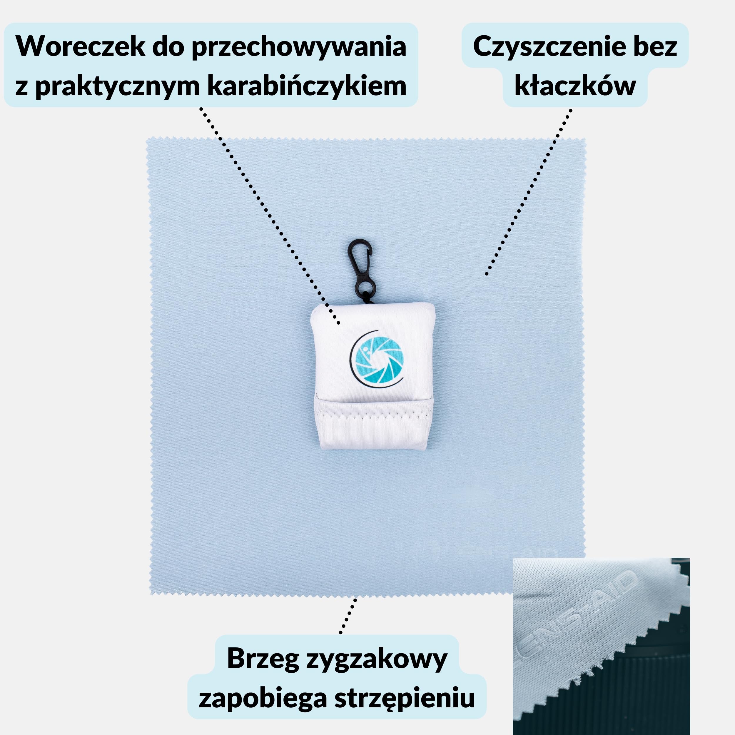 LENS-AID ściereczka z mikrofibry 20x20 cm z etui i karabińczykiem | bezpyłowa, 20 x 20 cm, 190 g/m², pranie w 30 °C, etui z karabińczykiem, aparat, okulary i ekran