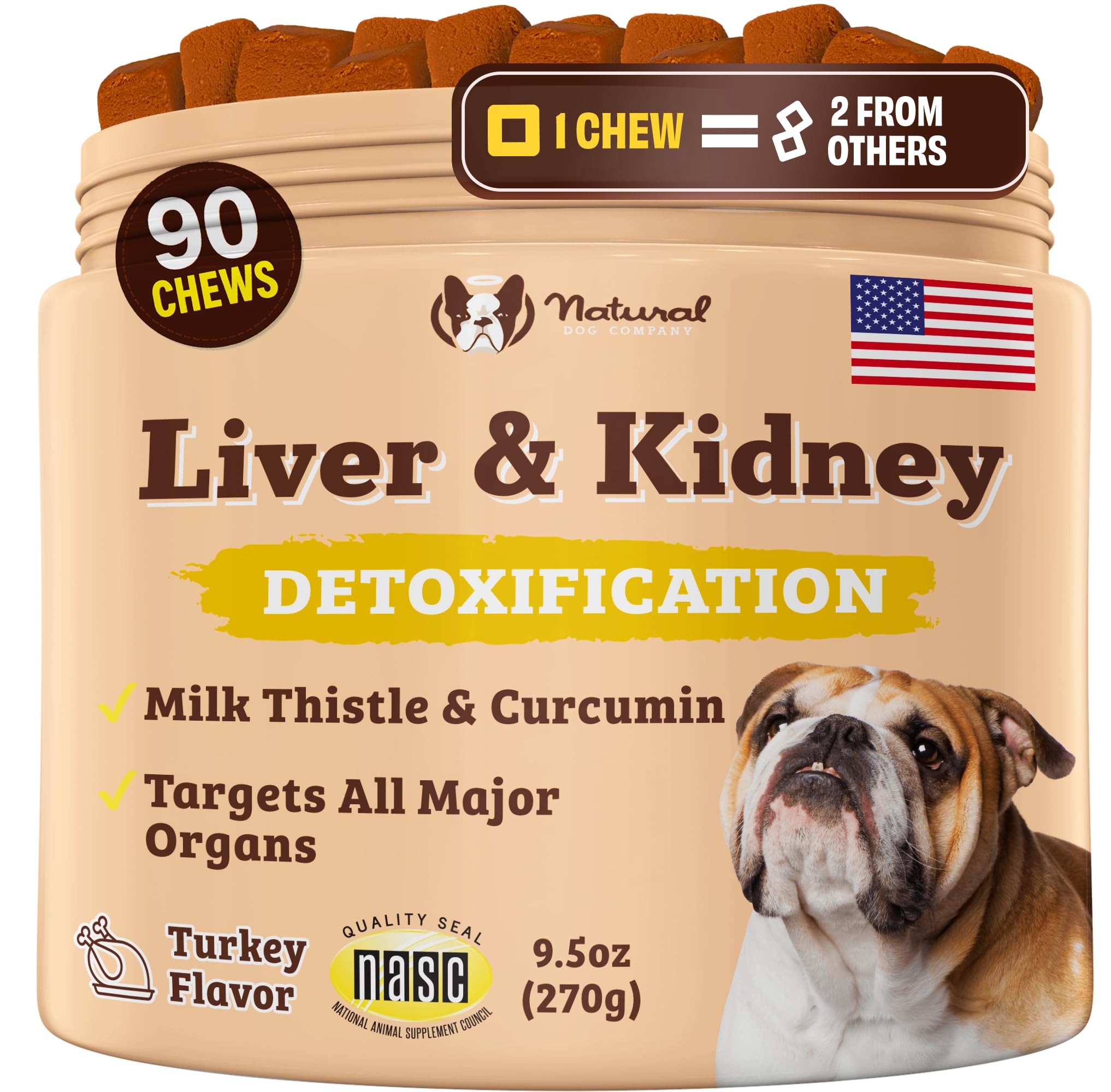 Natural Dog Company Liver & Kidney Supplement Chews - Dog Liver Support for Optimal Canine Health - Turkey Flavored Treats - Promotes Digestion and Immune – Milk Thistle for Dogs (90 Chews)