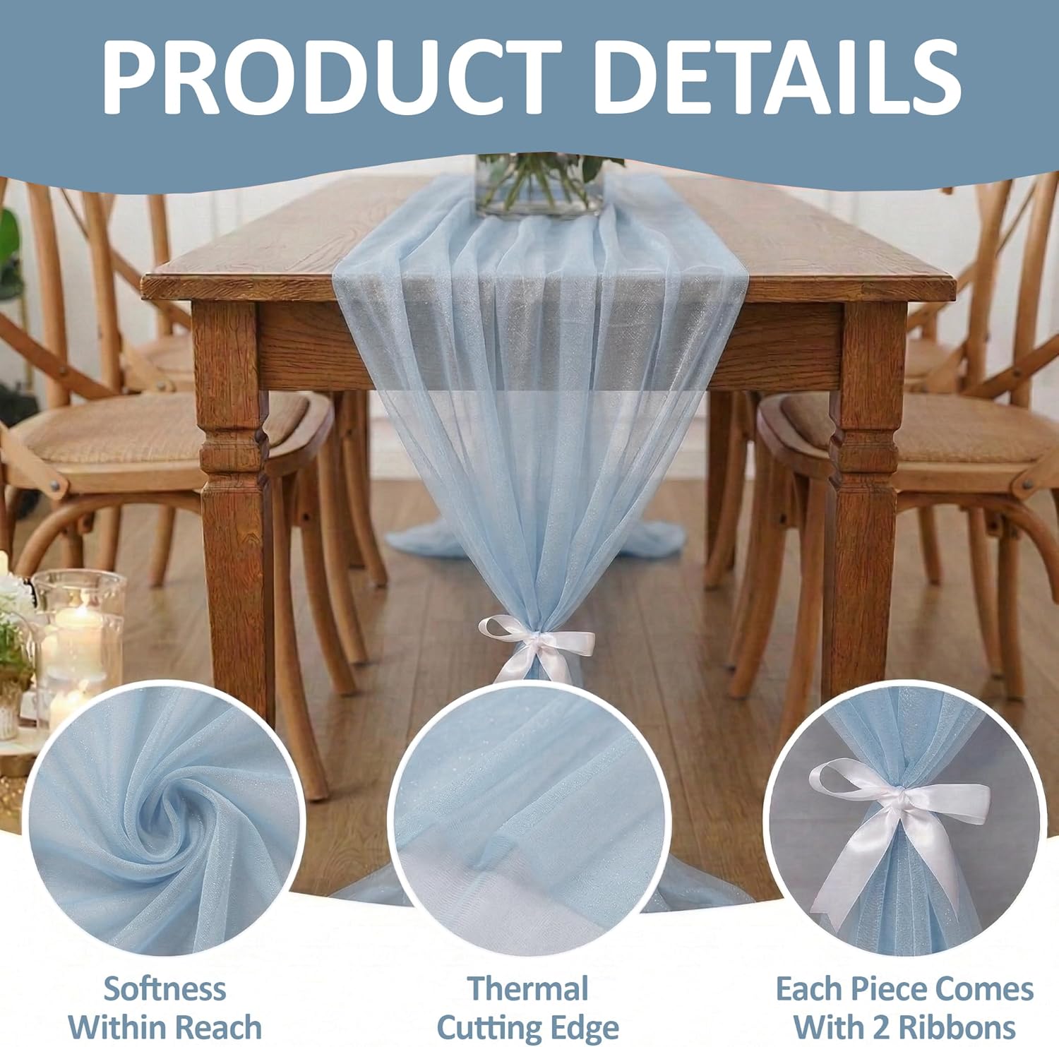 MDS 12 Pack 10ft Chiffon Table Runner 29 x120 Inches Sheer Wedding Runner Romantic Rustic Table Runner for Wedding Decorations, Birthday Parties, Bridal Shower Party Arch Decor - Baby Blue