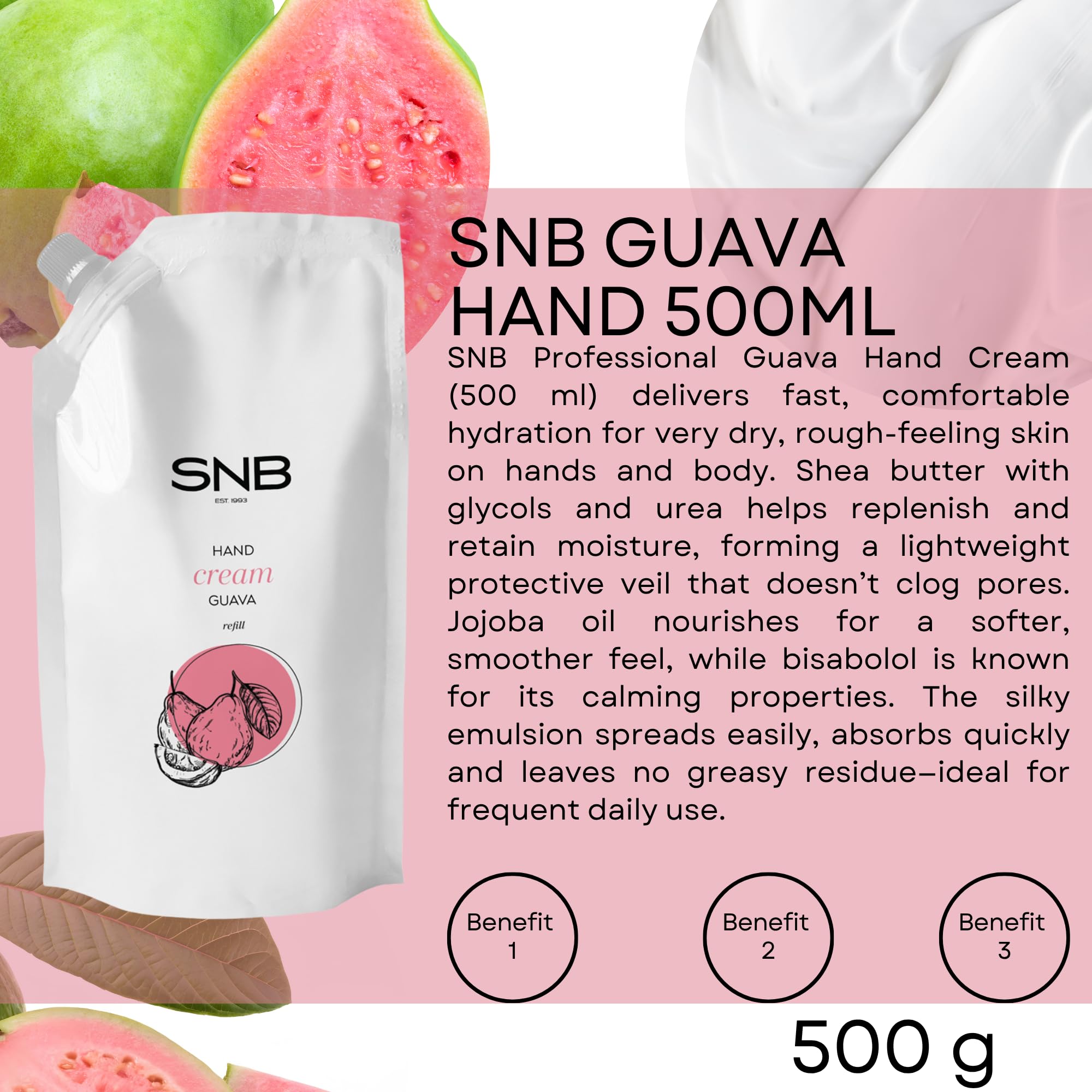 SNB Professional Crema Mani Guava 500 ml Formato Famiglia 91% Naturale | Crema mani alla guava formato famiglia da 500 ml, 91% naturale: idrata le pelli molto secche con karité, jojoba e urea