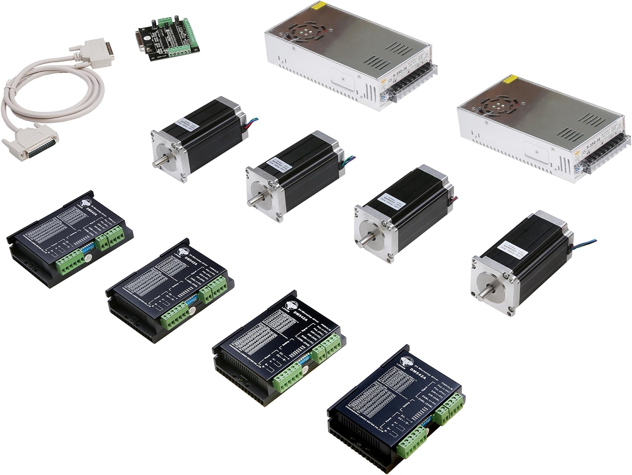 4 Axis Nema 23 Stepper Motor 23HS9430B dual sahft + Stepper Motor Diver 4.2A 18-50VDC Peak +350W Power Supply 36VDC/9.7A with 1 Breakout Board and Parallel Cable