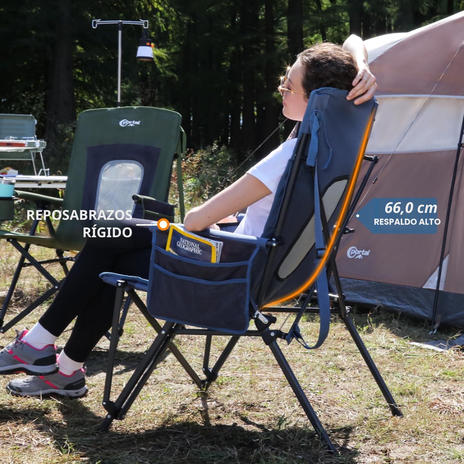 Silla de camping plegable y reclinable portátil, con respaldo alto, resistencia hasta 180 kg, silla de pesca, silla de jardín con bolsa y portavasos, ideal para jardín, balcón y picnic