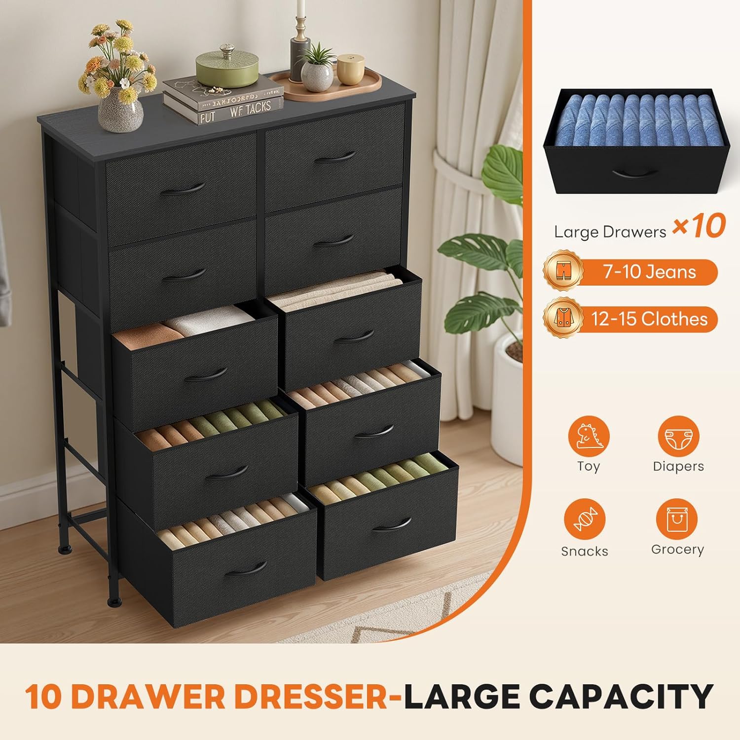 Sweetcrispy 10 Drawer Fabric Dresser Storage Tower with Bins, Tall Chest Organizer for Bedroom Closet Hallway, Steel Frame Wood Top Easy Pull Handles,Black - Image 4