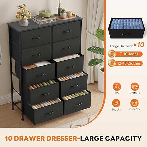 Miniatura 4 de Sweetcrispy 10 Drawer Fabric Dresser Storage Tower with Bins, Tall Chest Organizer for Bedroom Closet Hallway, Steel Frame Wood Top Easy Pull