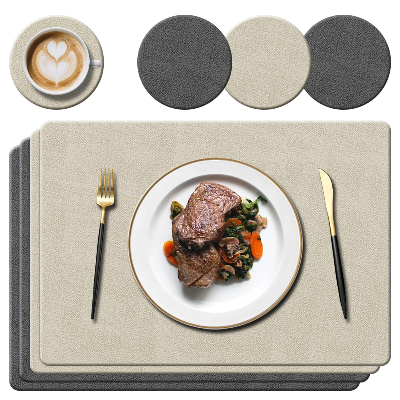 Faux Leather Place Mats and Coasters, Dark Grey/Cream, 43x30cm, Set of 4