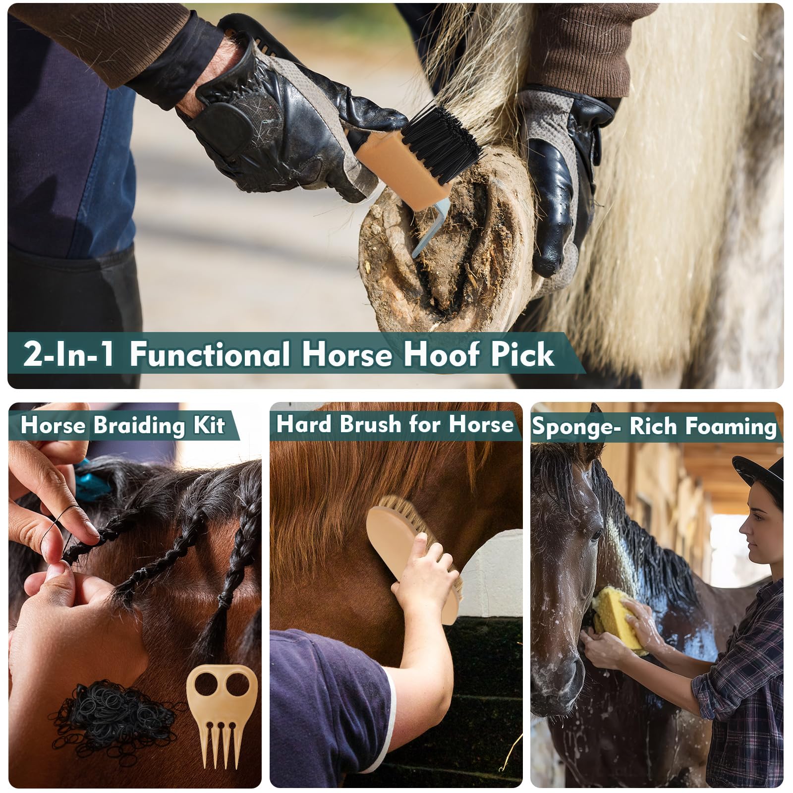 Scatola di Toelettatura per Cavallo, Kit di 13 Spazzole con Sacchetto di Stoccaggio Serie Equine Care per la Toelettatura e il Bagno del Cavallo