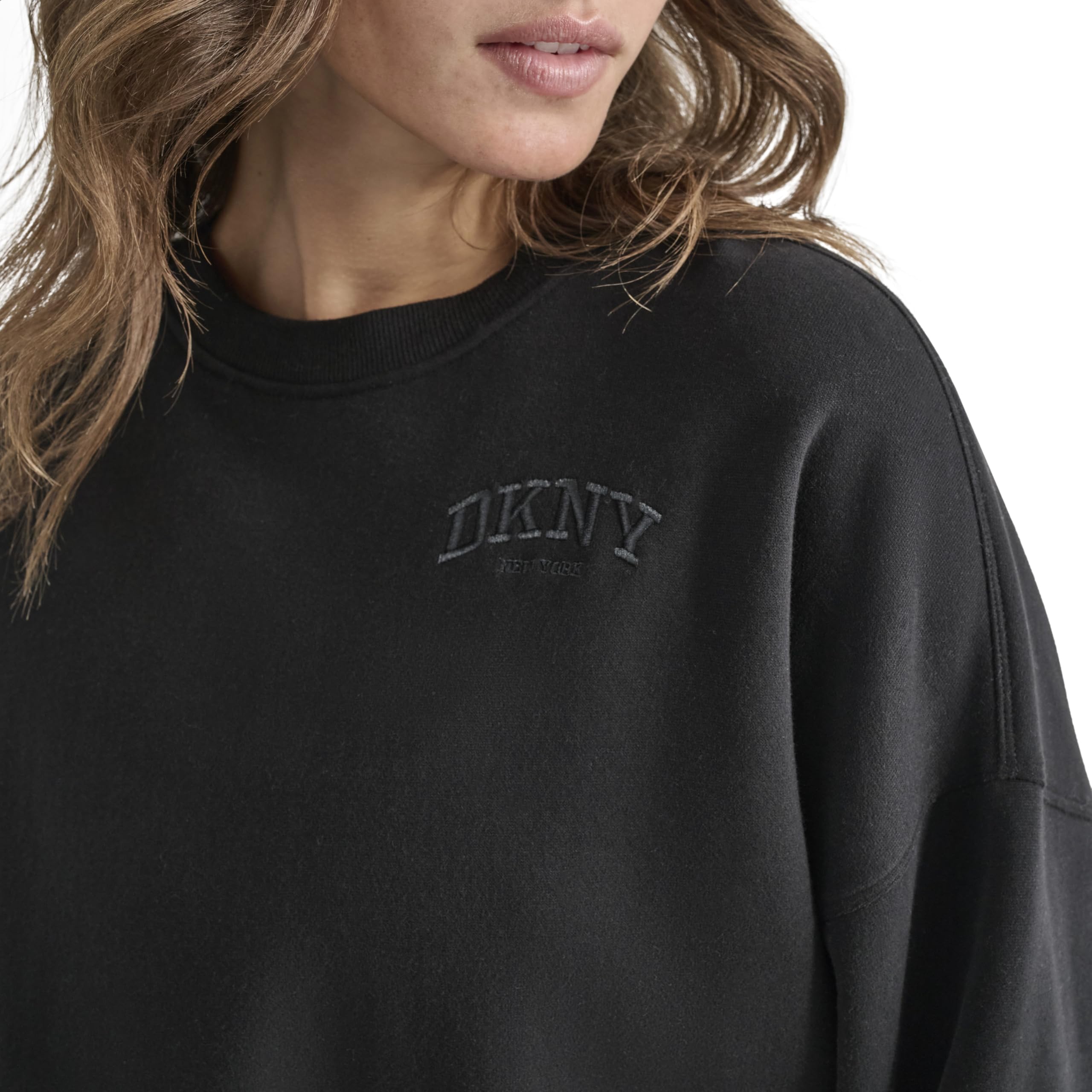 DKNY Damen Pullover Crew Varsity Embroidered Logo Blouson Sleeve Sweatshirt Kapuzenpullover
