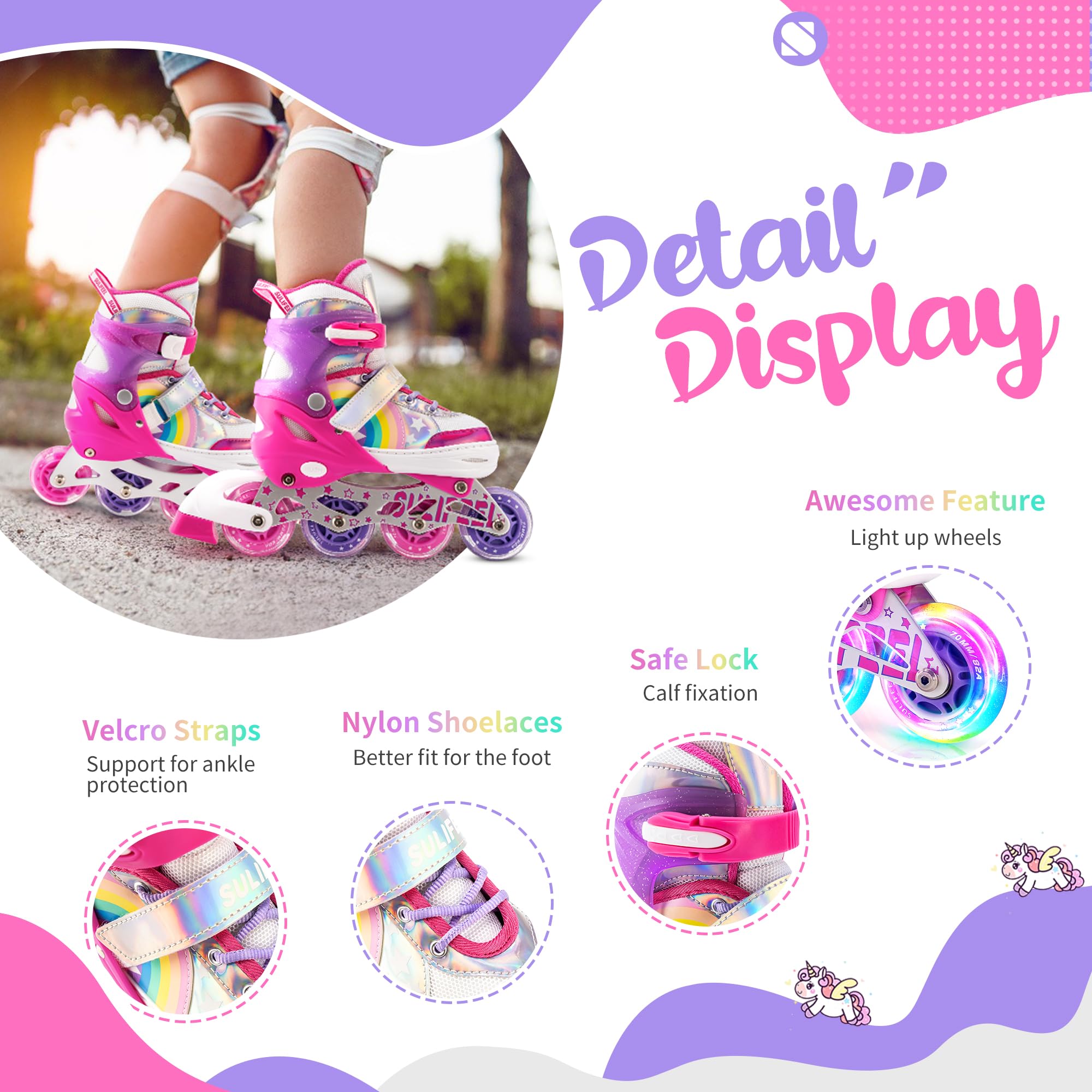 SULIFEEL Pattini in linea luminosi regolabili con unicorno arcobaleno per bambini, ragazze e ragazzi, pattini per principianti con ruote illuminate