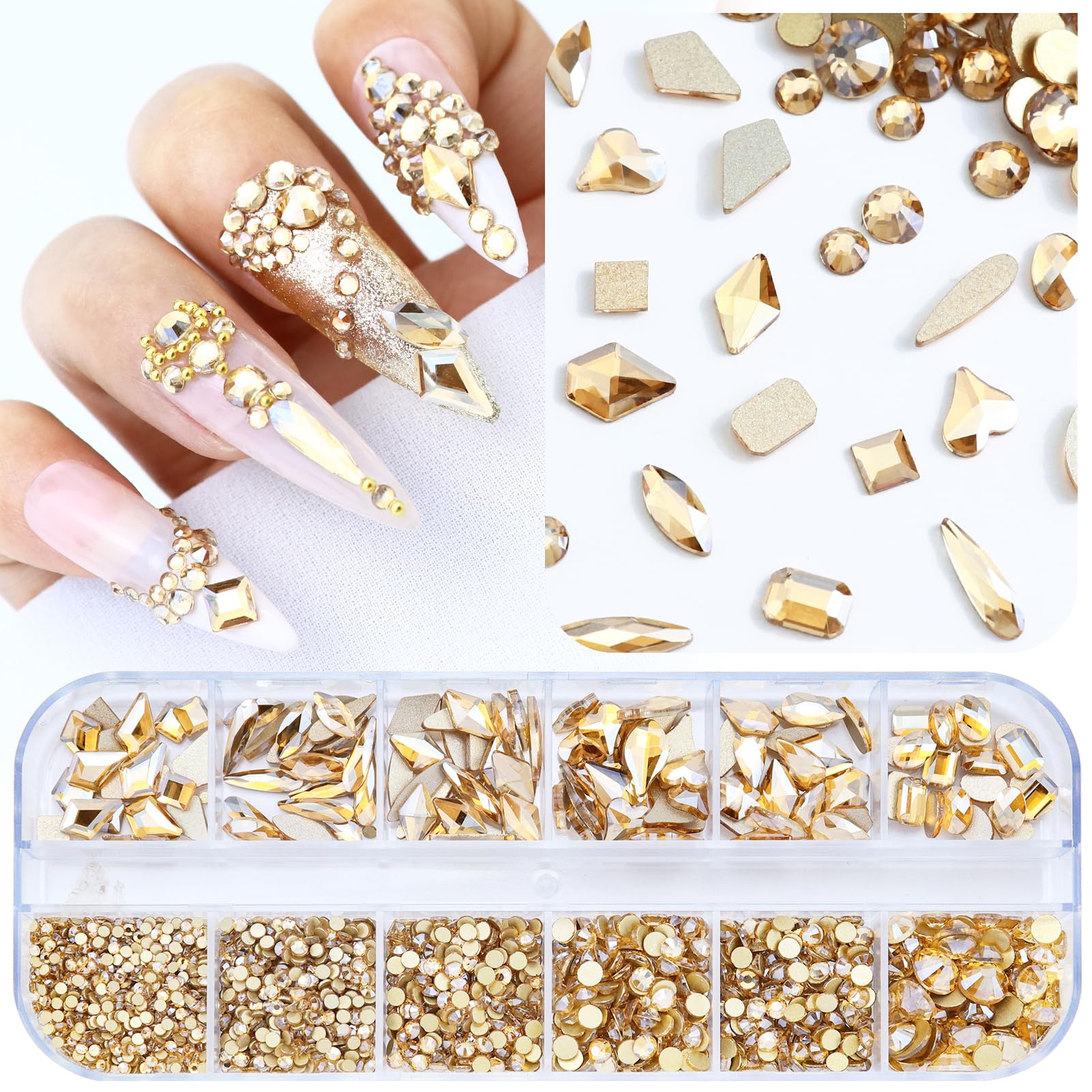 Dowarm 3200 Pieces Multi Shapes Glass Flatback Crystal Rhinestones for Nail Art Craft, Flatback Rhinestone 3D Decorations Flat Back Crystal Stones Gems Set (Golden Shadow/Champagne)-image-19