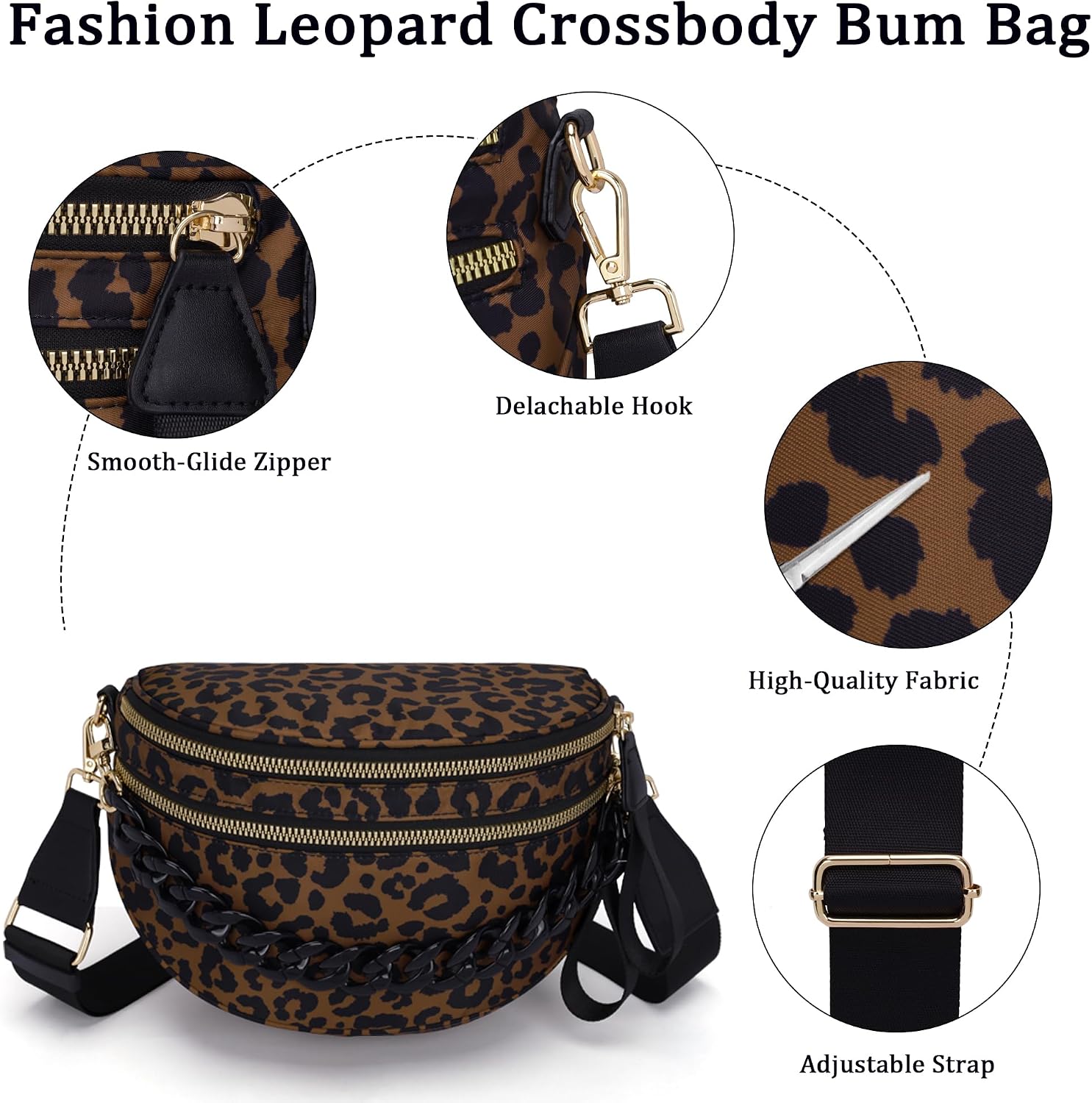 Leopard Crossbody Bag for Women Spacious Bum Bags Double Zip Fanny Packs Belt Bag with Bow and Chain