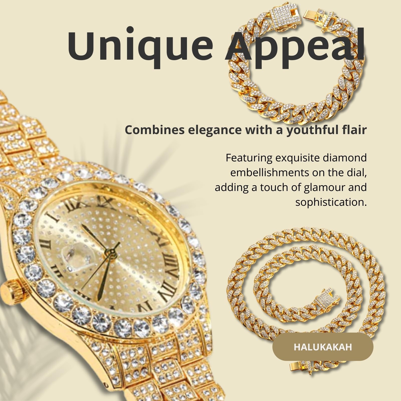 HALUKAKAH Reloj de Oro con Diamantes para Niños,Adolescentes,Chicos - Chapado en Oro 18K/Platino,Esfera Redonda 42mm,Cuarzo Japonés - Longitud 20cm,con Herramienta de Ajuste - para Cumpleaños,Fiestas