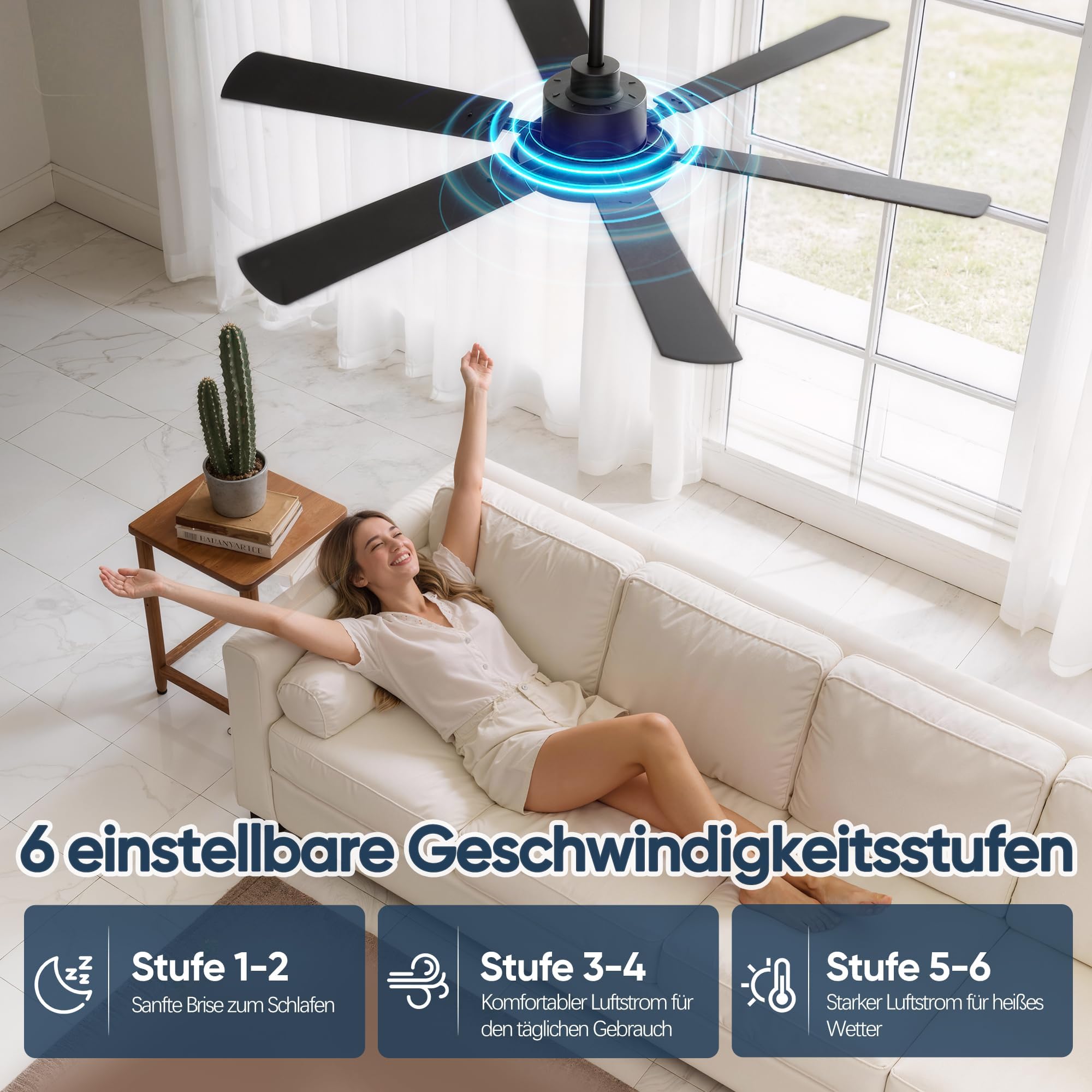 Ventilador de techo con luces de 132 cm, 6 aspas, ventilador de techo con mando a distancia, motor CC, silencioso, reversible, 6 velocidades, 3CCT, regulable, led, doble ala