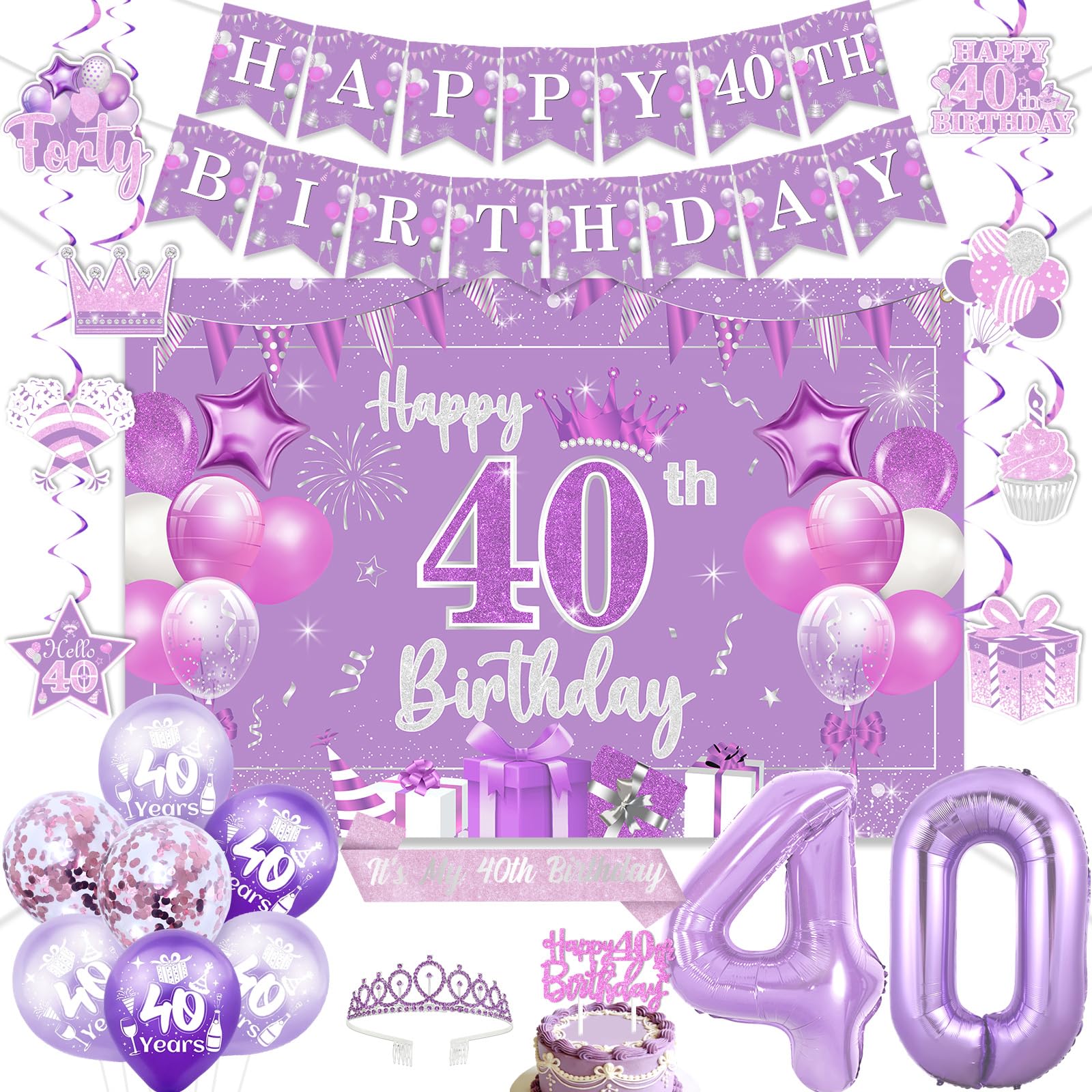 Decoración morada de cumpleaños 40 juego de pancarta globos y remolinos 7