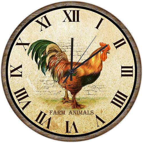 Reloj de pared de madera de 10 pulgadas elegante gallo arte reloj de madera rústico orgánico funciona con pilas reloj vintage de pollo con números