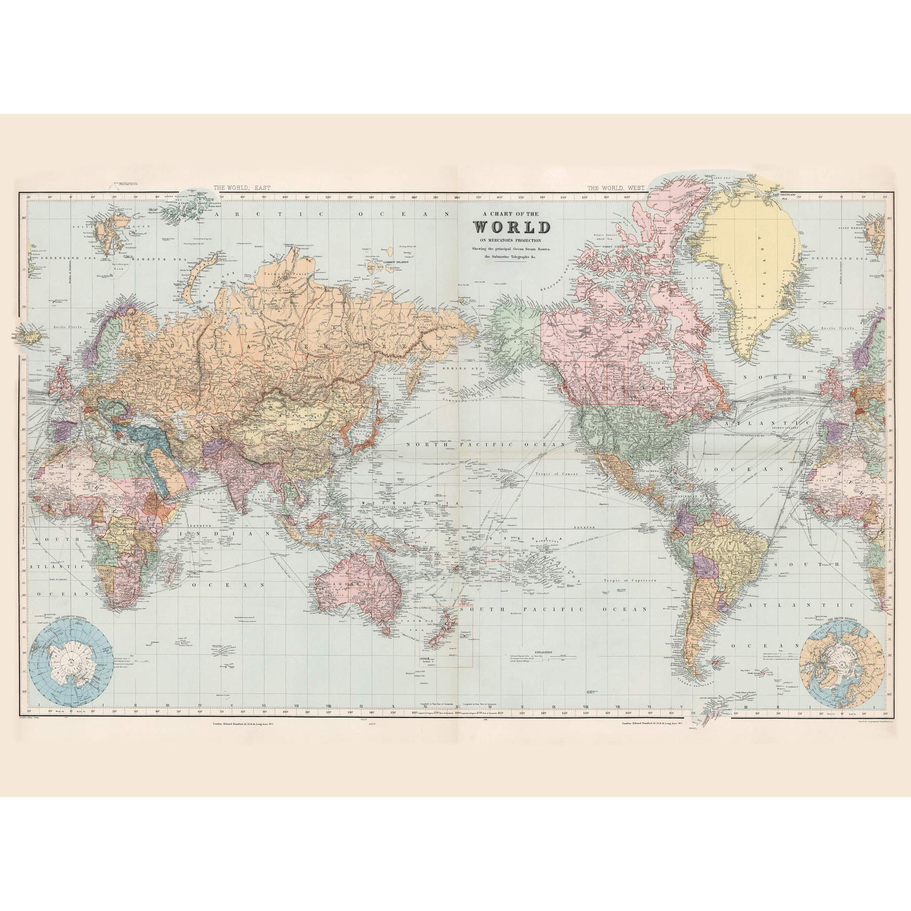 Artery8 Map Stanford 1901 World Mercator Projection Chart Large Wall Art Poster Print Thick Paper 18X24 Inch