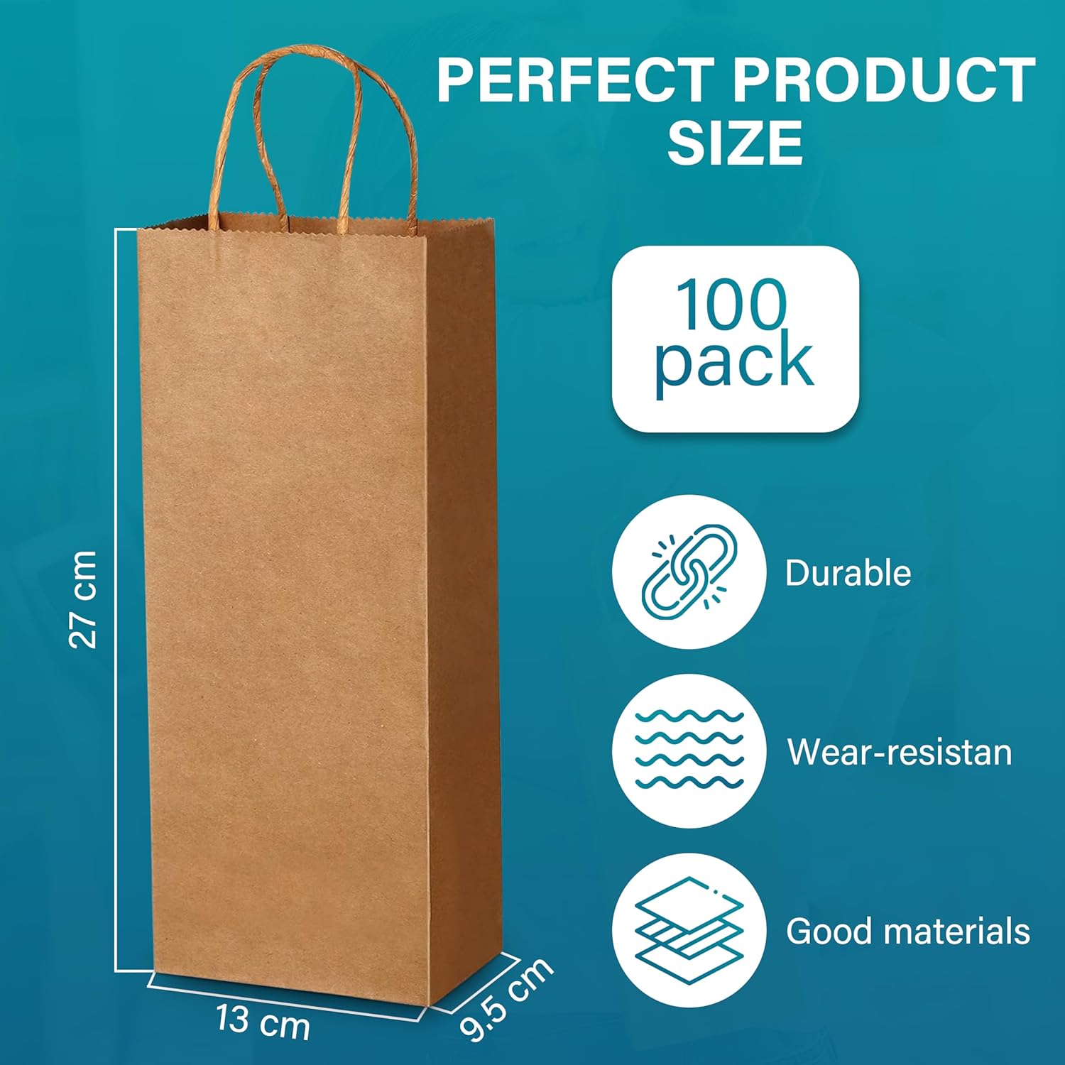 VIRAGO by Cris Kraft Brown Paper Wine Bags with Handles, 13 x 5.3 x 3.3 Inch – Gift-Ready Wine Bottle Bags – Bulk Pack of 100 for Christmas, Holidays, and Special Occasions