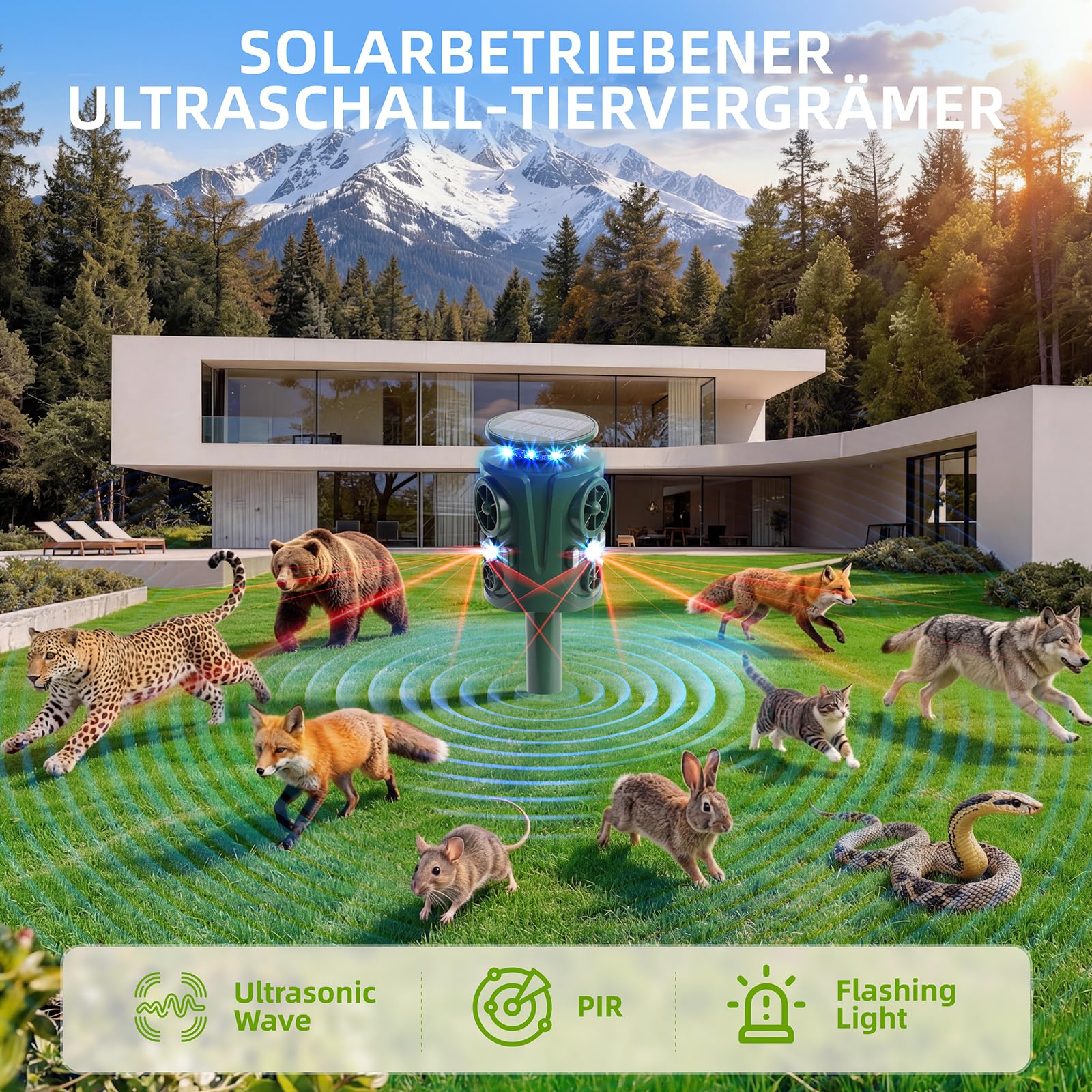 Katzenschreck Ultraschall Marderschreck, 360 Grad Katzenschreck für Garten mit LED-Blitzlicht, IP66 Wasserdicht 5 Modus Solar Tiervertreiber – Katzenabwehr Marderabwehr Vogelabwehr Waschbär Abwehr