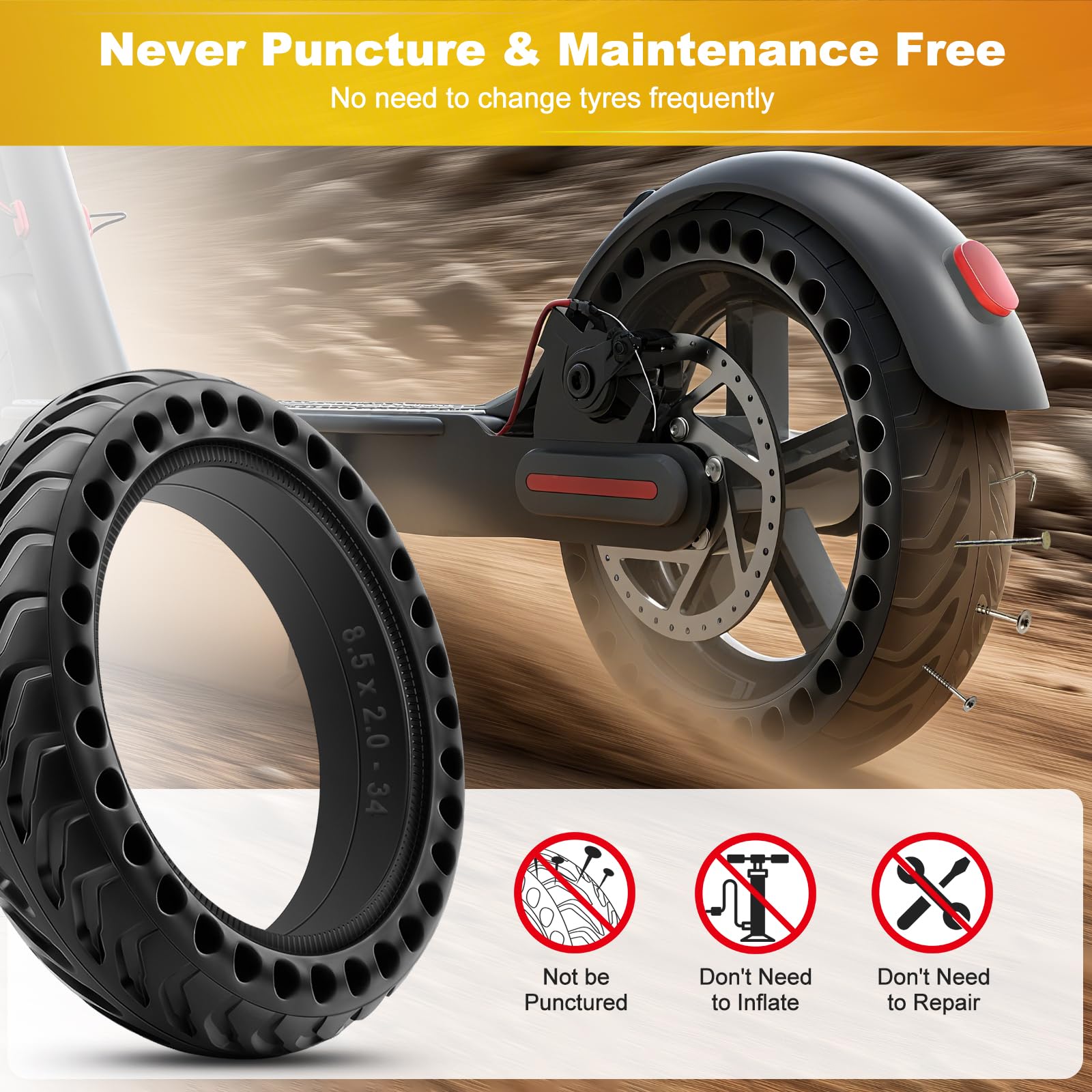 Pneu Plein 8 1/2 x2, Pneus Increvable 8,5 Pouces, Roue Pleine Trottinette 8.5x2 Pouces pour Xiaomi Pro 2 1S M365 Pro Mi 3, Zéro-Entretien & Haute Durabilité, (avec 2*Démonte-pneu Manuel), 2PCS