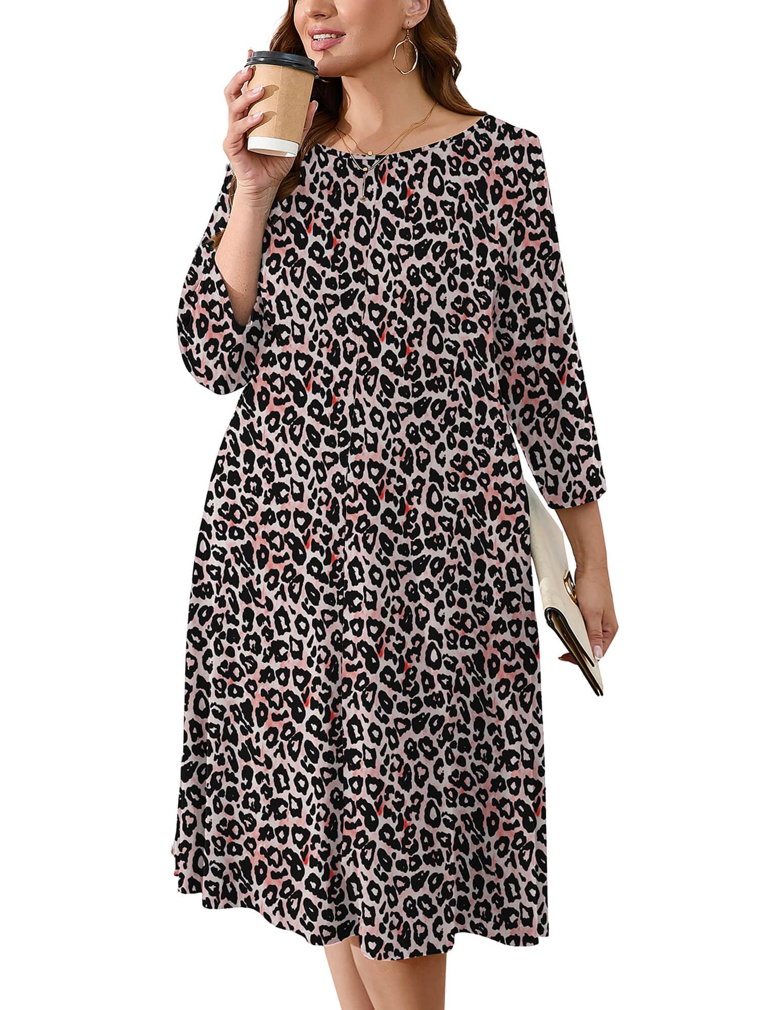 AusLook Women's Plus Midi Dresses Crew Neck A Line 3/4 Sleeves Casual Elegant Loose Wedding Vacation Dress with Pockets