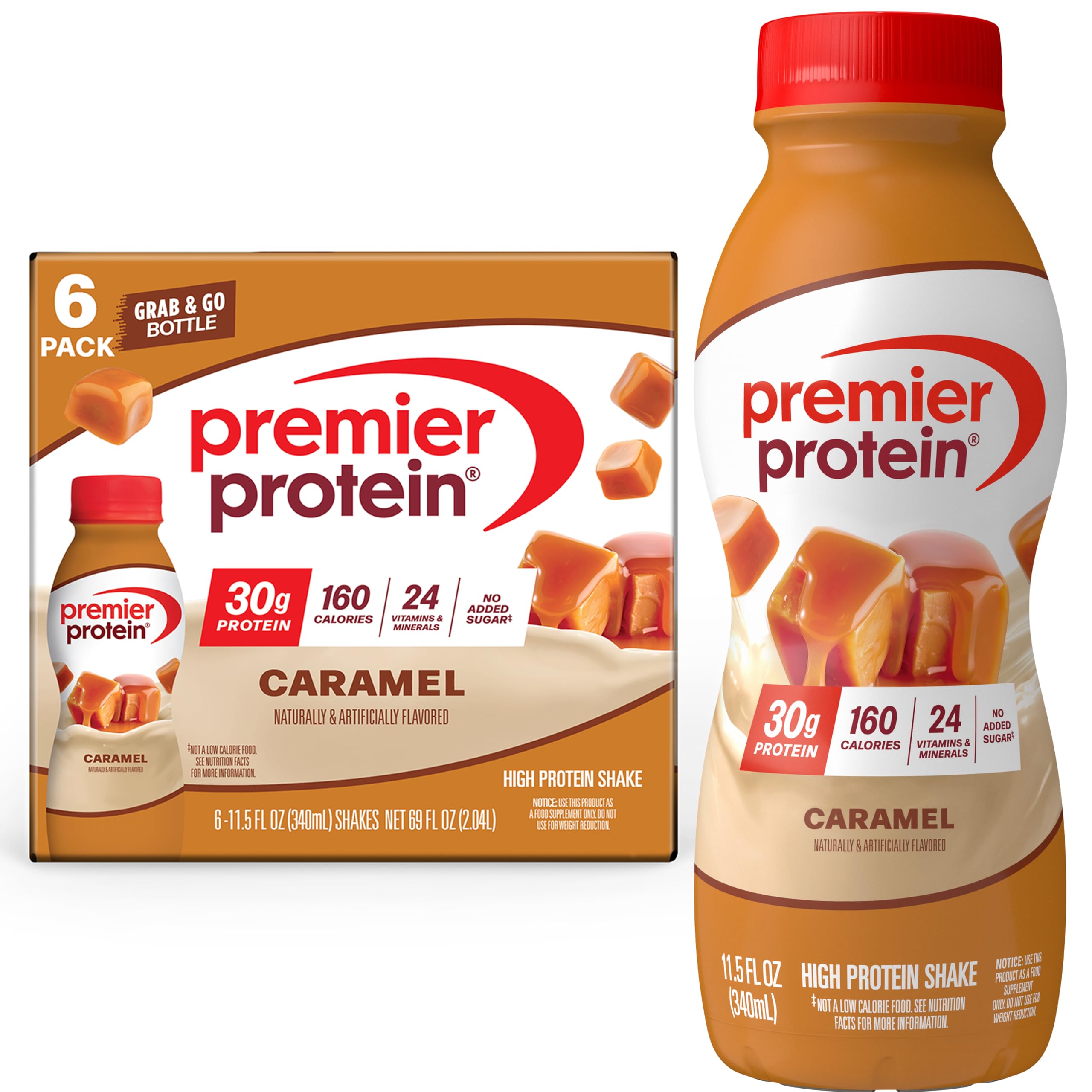 Shake, Caramel, 30g Protein, No Added Sugar, 24 Vitamins & Minerals to Support Immune Health, 11.5 fl oz, 6 Pack (Packaging May Vary)