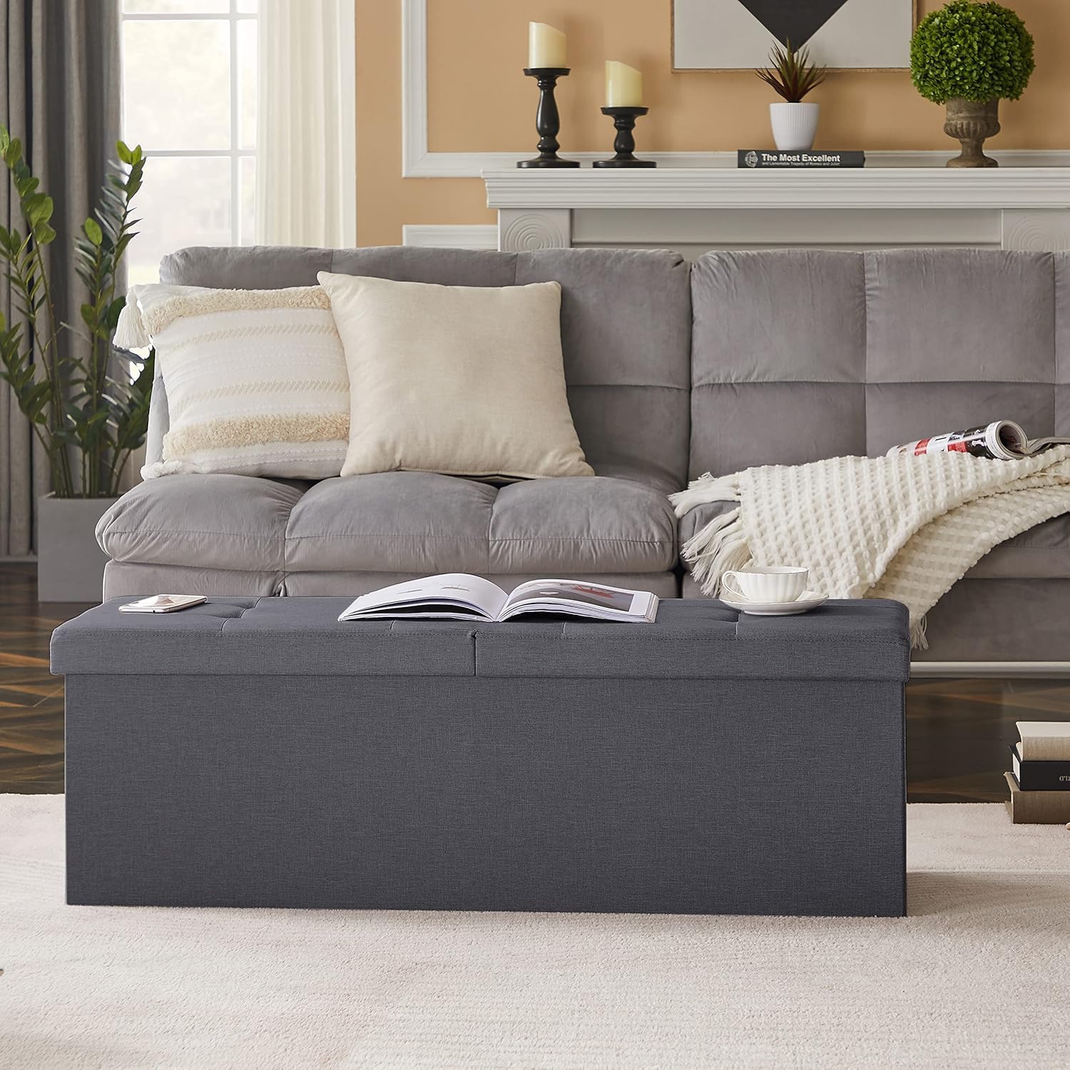 Zedelmaier Sitzbank mit Stauraum, Sitzhocker Faltbar Sitztruhe belastbar bis 300 kg, Deckel klappbar, klappbare Sitztruhe für Wohnzimmer, Flur, Schlafzimmer, 114x38x38 cm, Dunkelgrau