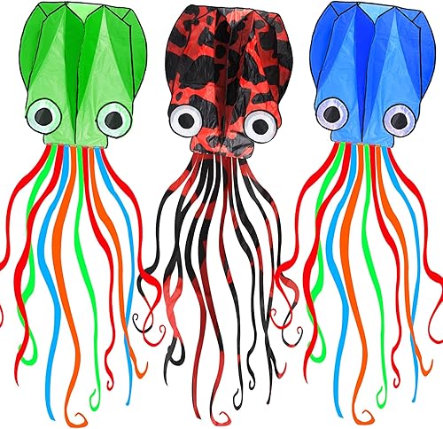 Miniatura 10 de Paquete de 3 cometas de pulpo, cometa 3D de cola larga fácil de volar, cometas de playa para personas y adultos, regalo de 3 colores (azul verde