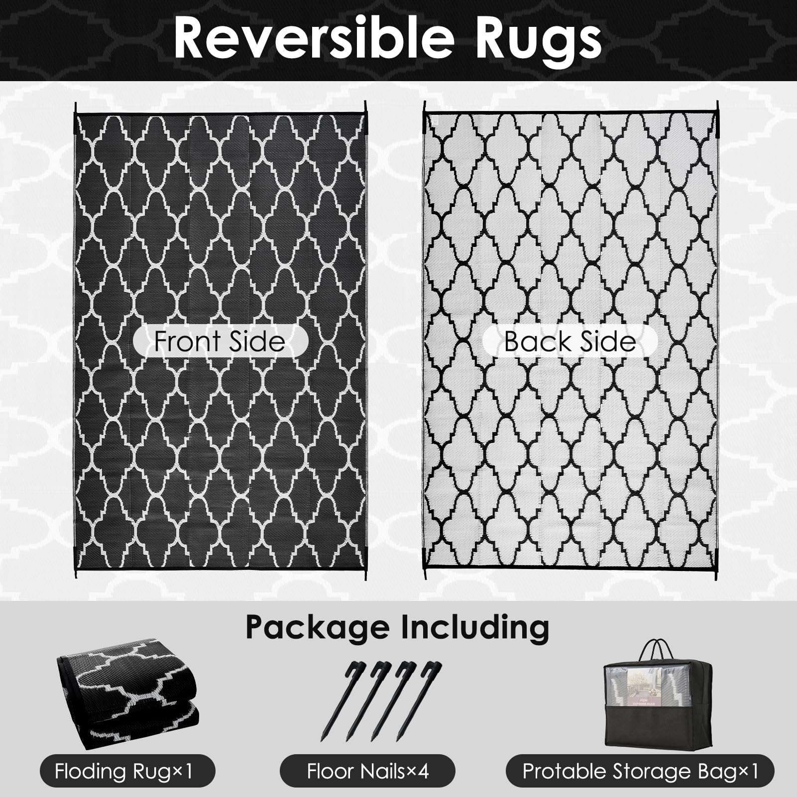OIGAE Alfombra Exterior Impermeable 180 x 270 cm, Alfombra de Polipropileno Reversible, Resistente a Rayos UV, Antideslizante, Plegable y Lavable, para Terraza Jardín Balcón Camping Picnic, Negro