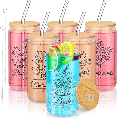 Tanlade Juego de 6 tazas de cristal para dama de honor, con tapas y pajitas, regalos de propuesta de dama de honor, vasos de flores para novia,