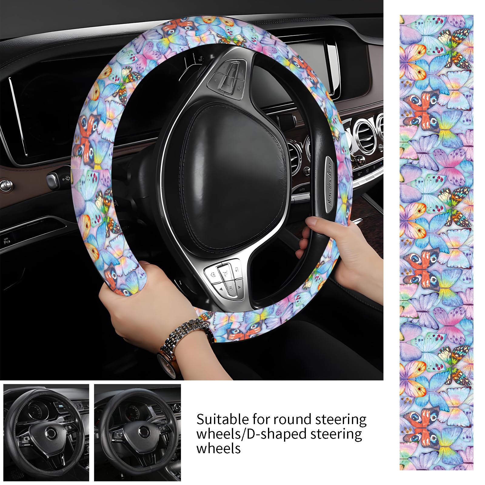 AOPEFNX Steering Wheel Covers for Car, Truck, and SUV, Cute Non-Slip Breathable Elastic Steering Wheel, Car Accessories, Universal 15 Inch Leather Cover for Men Women Colorful Butterflies