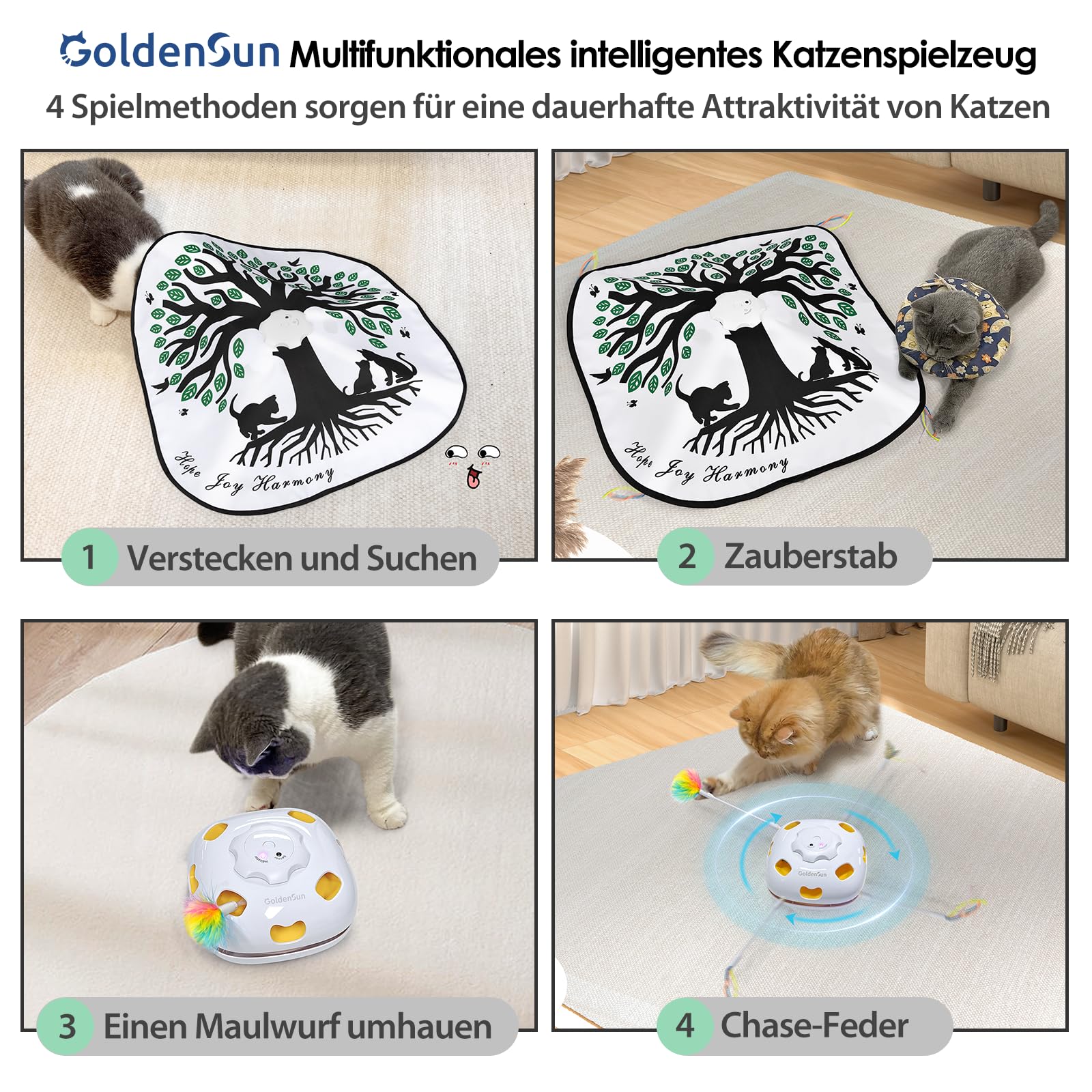 GoldenSun Giocattolo per Gatti, Giocattolo Interattivo 4 in 1 per Interni, Nascondino Ricaricabile, Accessorio per Gatti, Gioco di Addestramento Whack-a-Mole con 3 Piume di Ricambio, Fai da Te