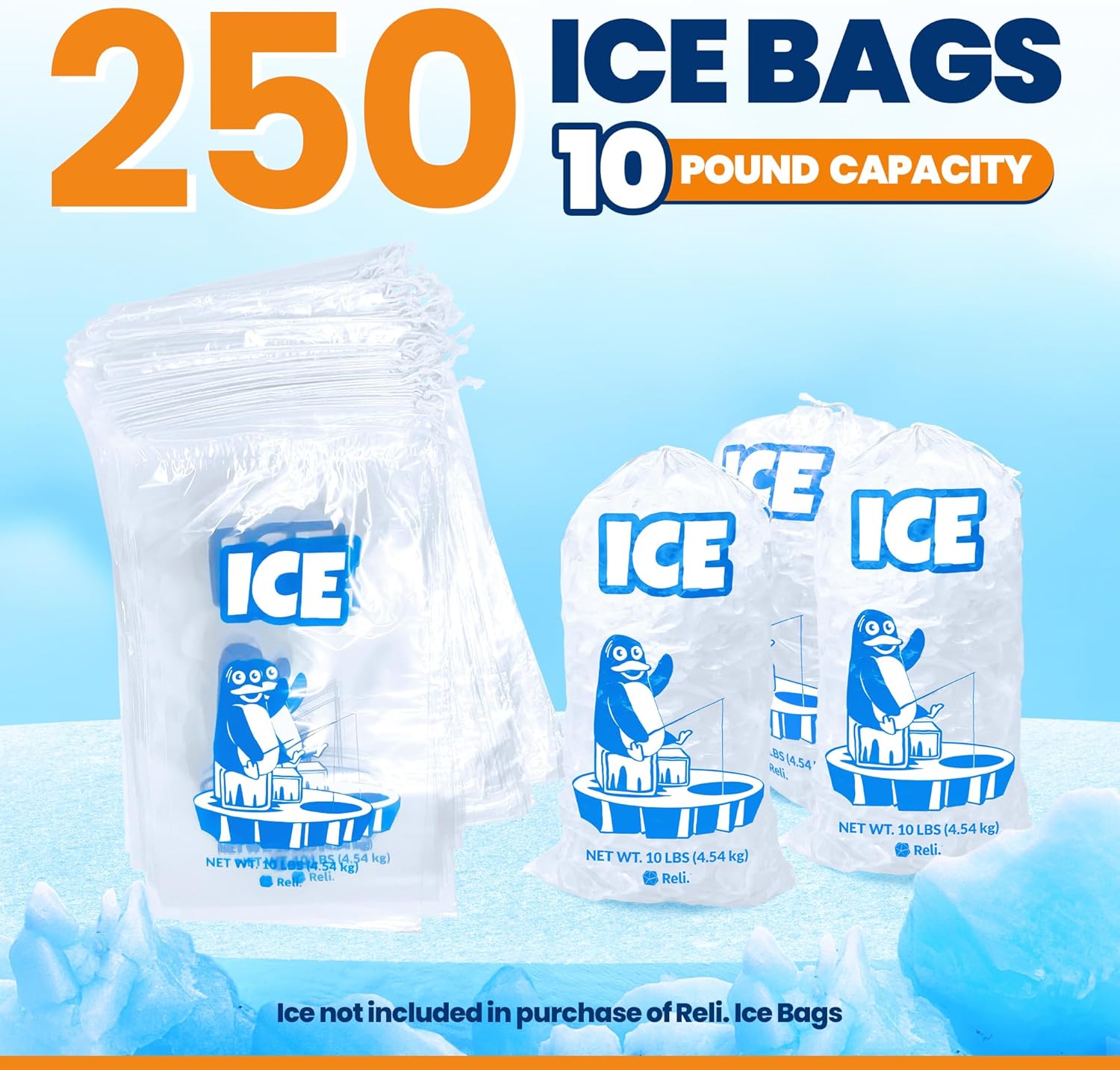 Reli. Plastic Ice Bags 10 lb (250 Pack Bulk) Cotton Drawstring | 12"x21" Ice Bags Reusable, Heavy Duty | Clear, Freezer Safe Storage | 1.5 Mil