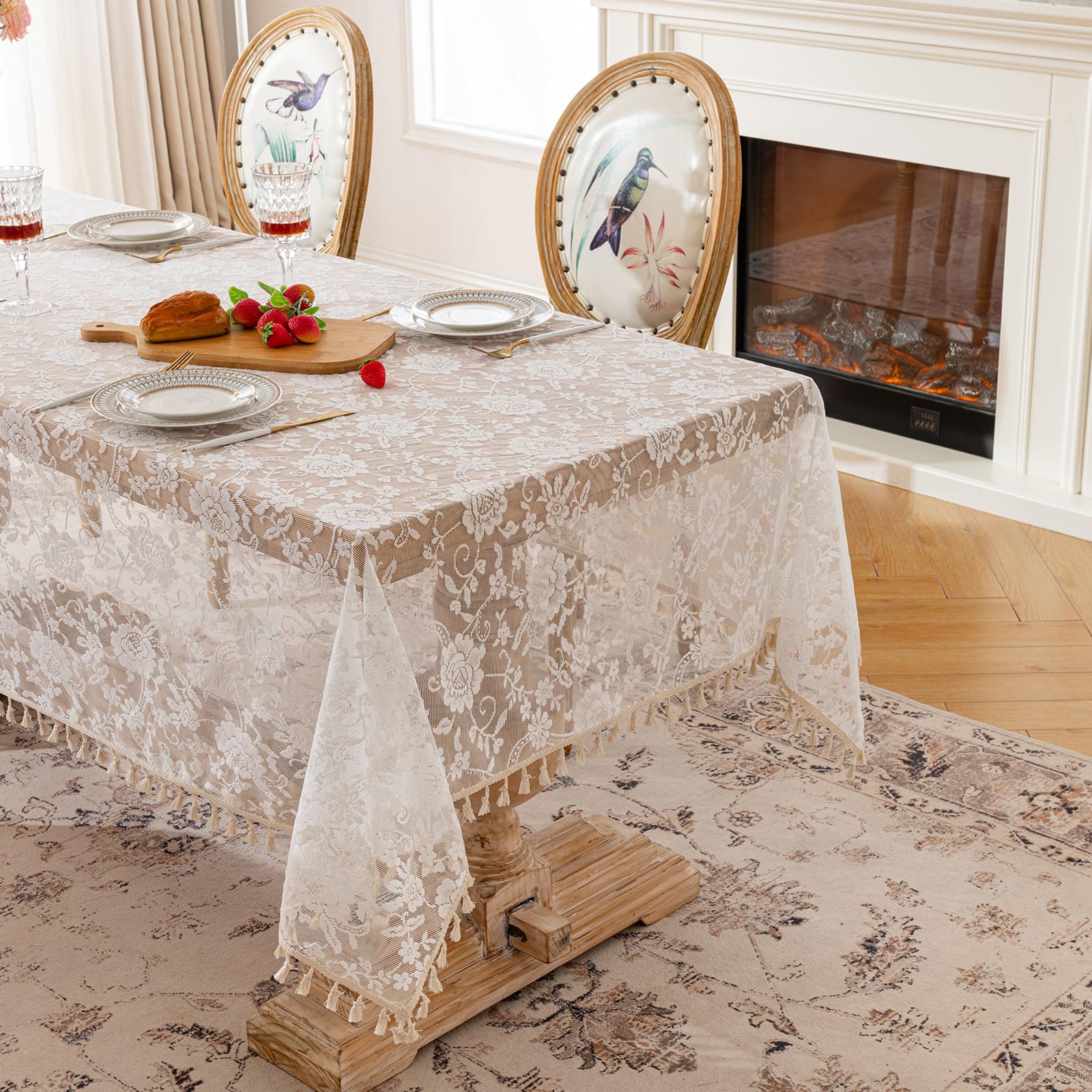 hometrixx Vintage Lace Tablecloth 140x180cm Rustic Rectangular Table Cover with Tassels Machine Washable Reusable Kitchen Decor for Wedding,Party, Picnic,White