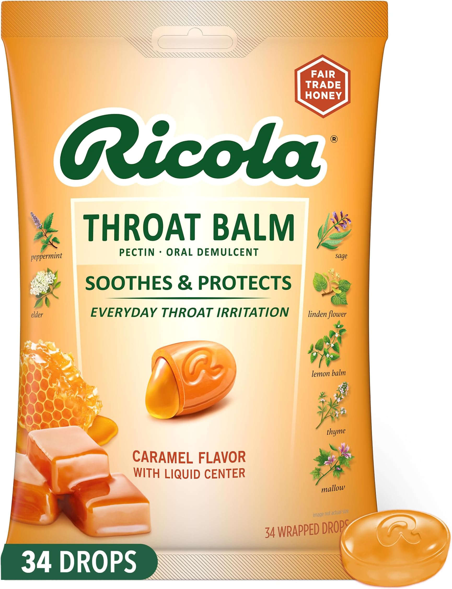 Throat Balm Caramel Throat Drops with Liquid Center, 34 Count, Coat & Protect Your Throat, Daily Throat Relief & Protection, Oral Demulcent