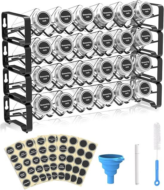 Spice Rack Organizer with 24 Empty Square Spice Jars, Spice Labels with Chalk Marker and Funnel Complete Set, for Countertop, Cabinet or Wall Mount