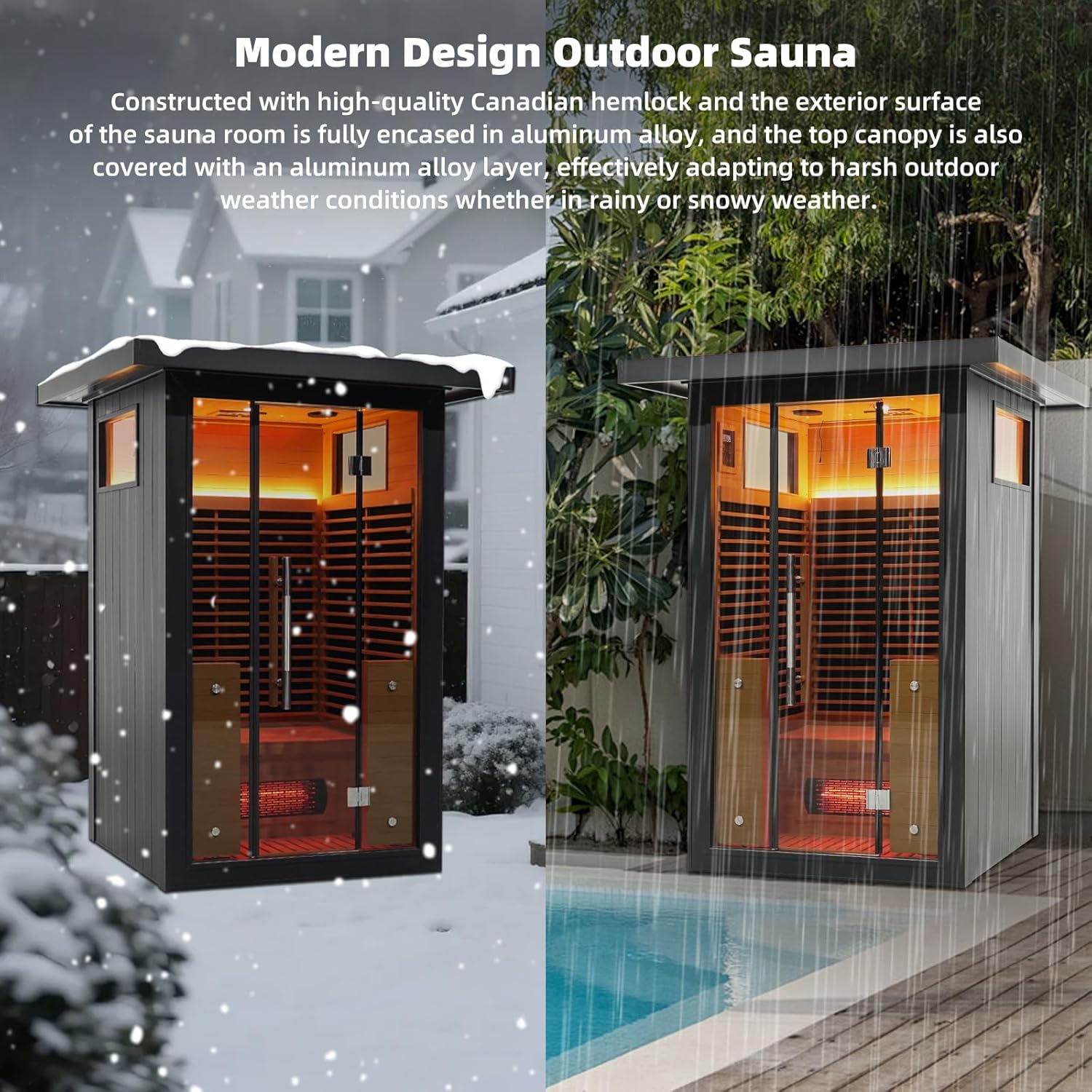 Gollense Black Outdoor Infrared Sauna 1 Person, Modern Design Canadian Hemlock & Aluminum Alloy Waterproof System, Wi-Fi Control, Ambient Light Strip, Speakers, 0-149 °F, 39.4 x 39.4 x 88.6in