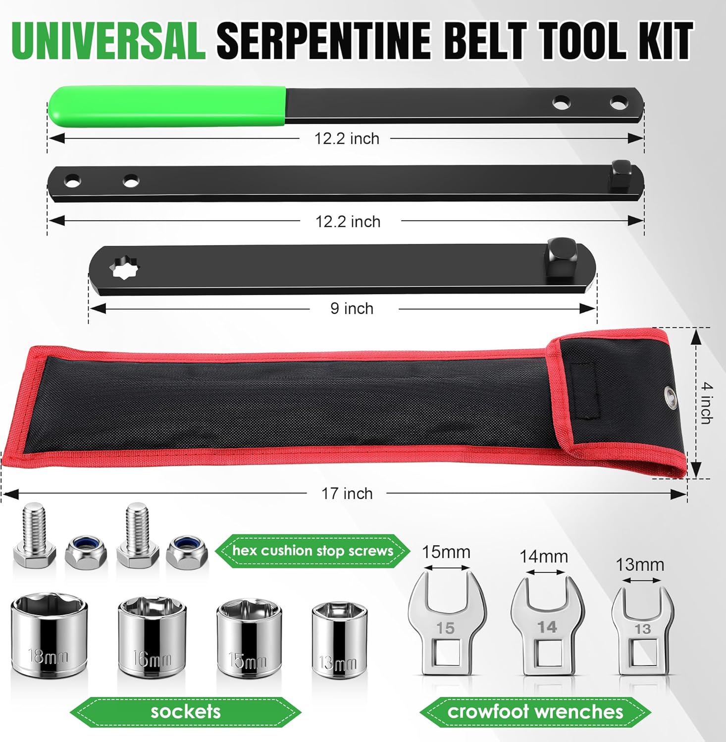 Meonum 13Pcs Universal Serpentine Belt Tool Kit with Bag, Includes 3/8" & 1/2" Drive Belt Adjust Tightener Wrench, 4 Shallow Sockets, 3 Crowfoot, 2 Pairs Hex Cushion Stop Screw, Automotive Maintenance