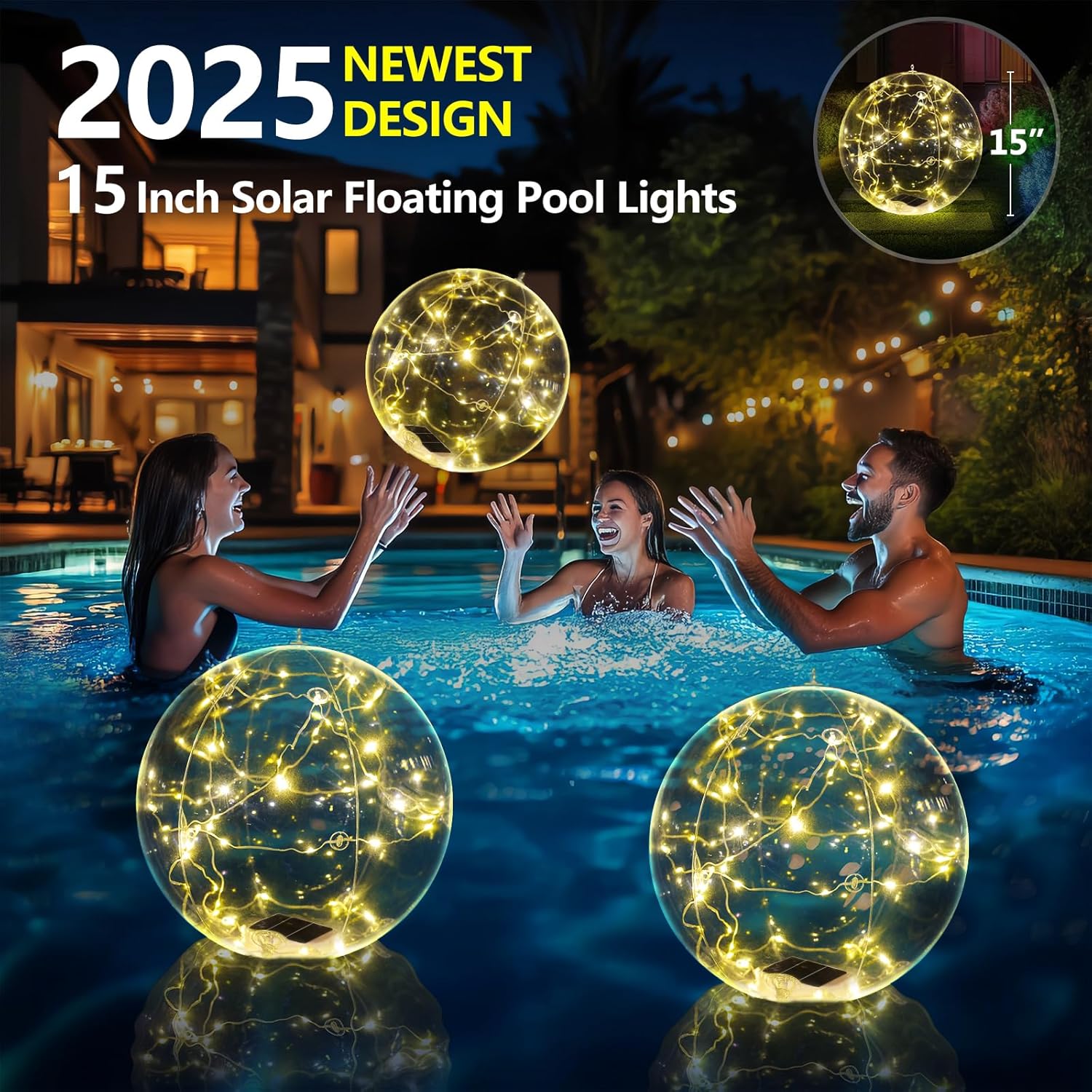 Floating Pool Lights, 15 Inch Warm White Solar Pool Light that Float, IP68 Waterproof Inflatable Light Up Pool Balls, Float or Hang Solar Floating Lights for Pool, Wedding, Party Decor - 2PC
