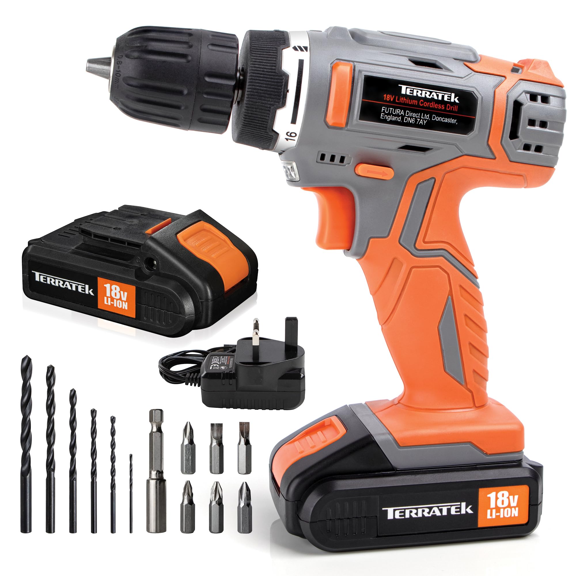 Terratek Cordless Drill Driver 18V Lithium-Ion, 13Pc Electric Screwdriver Set, LED Work Light, Electric Drill Quick Change Power Drill Battery with Charger & 2 Batteries Included