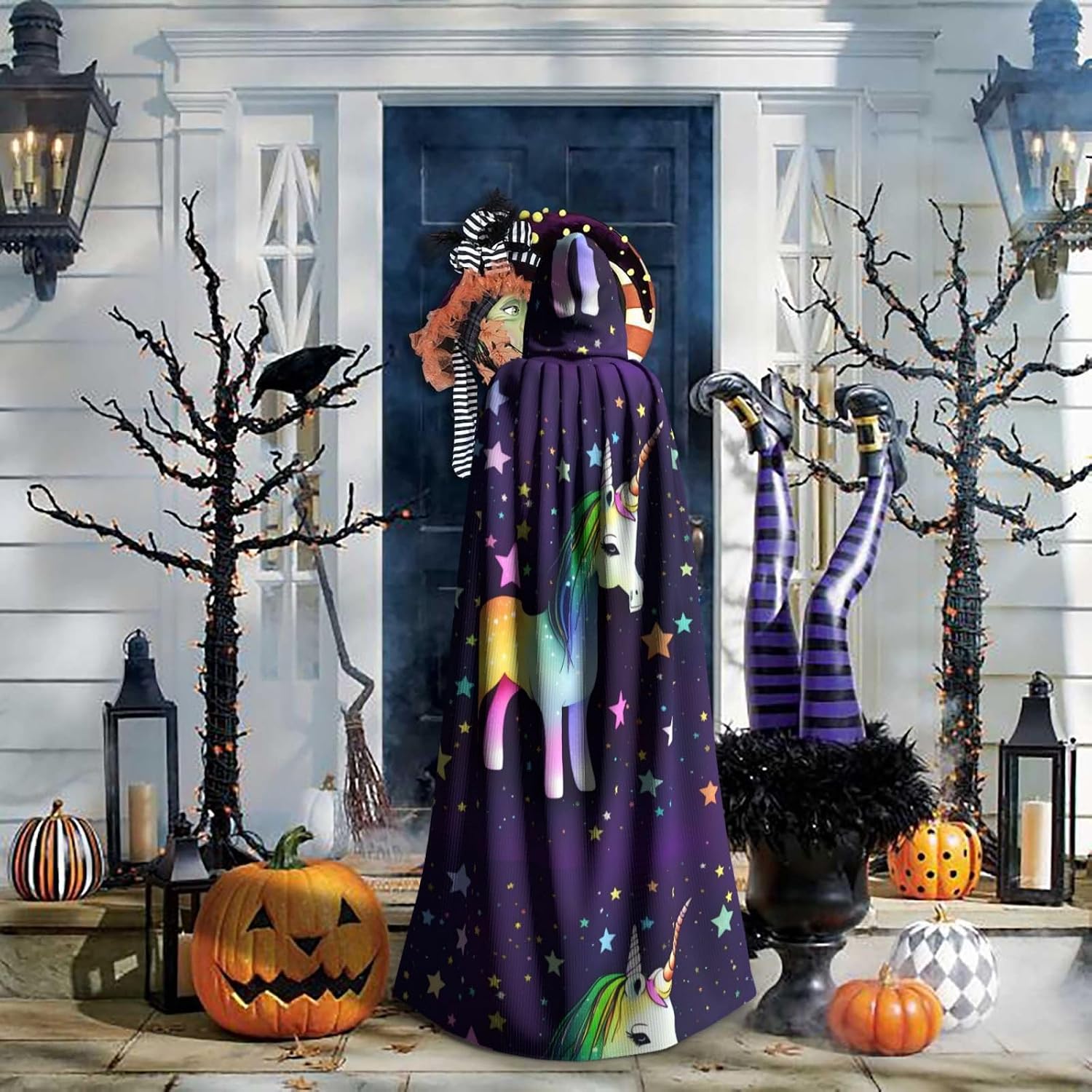 One-Horse Star Men Women Halloween Role Play Party Decoration Hooded Poncho Black