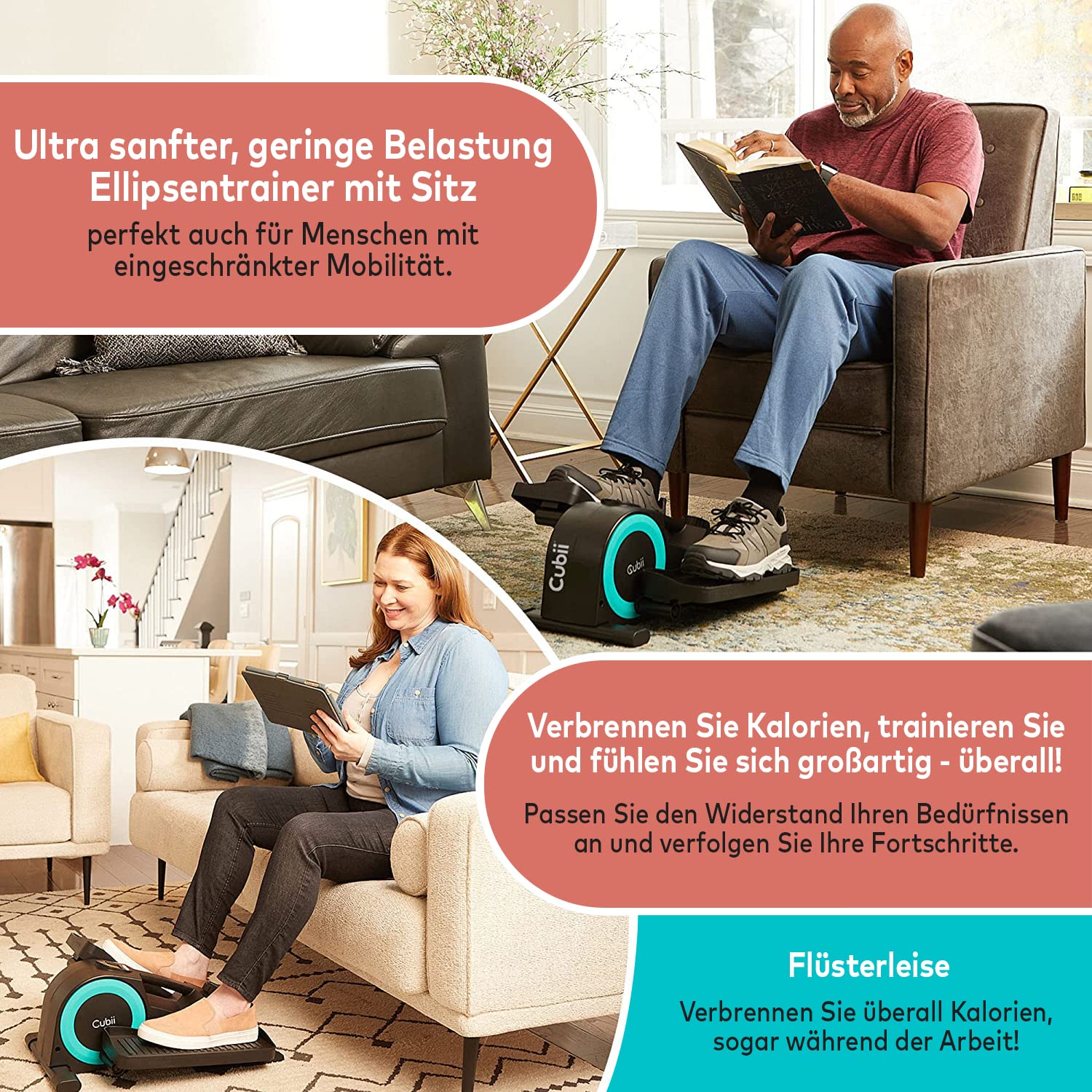 Cubii JR1 - Mini Ellipsentrainer für Zuhause & Büro, Leiser Untertisch-Pedaltrainer, Kompakt & Gelenkschonend, Fitnessgerät für Senioren, Heimtrainer für Bewegung im Sitzen