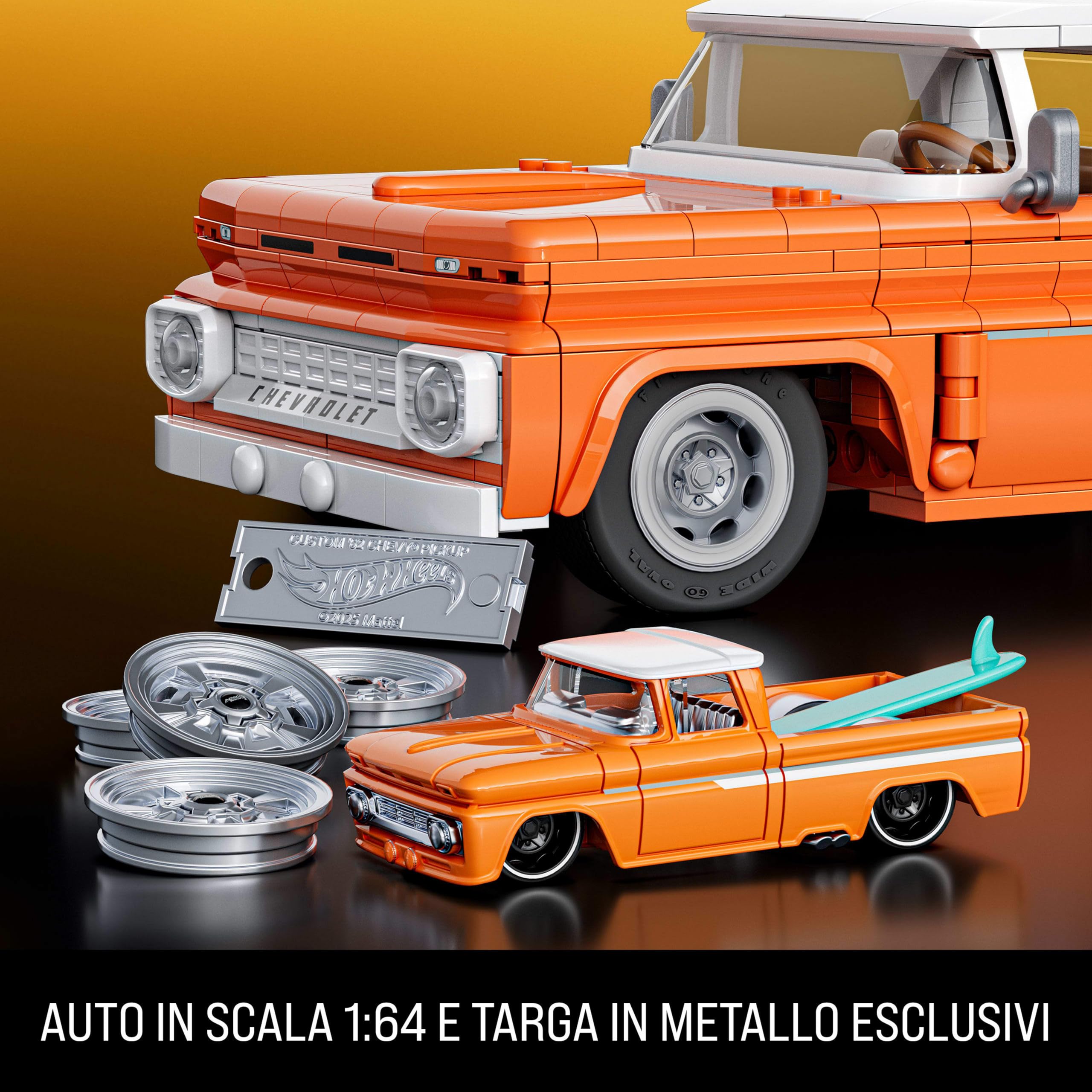Mattel Brick Shop Hot Wheels Serie Elite set da costruire, Custom ’62 Chevy Pickup, 858 pezzi, adesivi per personalizzare l'auto, per collezionisti adulti e bambini dai 10 anni in su, JFT20