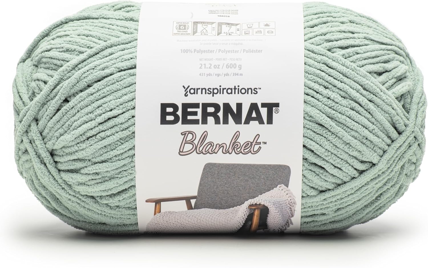 Bernat Blanket 600g Green Mist Yarn - 1 Pack of 600g / 21.2oz - 100% Polyester - #6 Super Bulky - 431Yards - Knitting/Crochet
