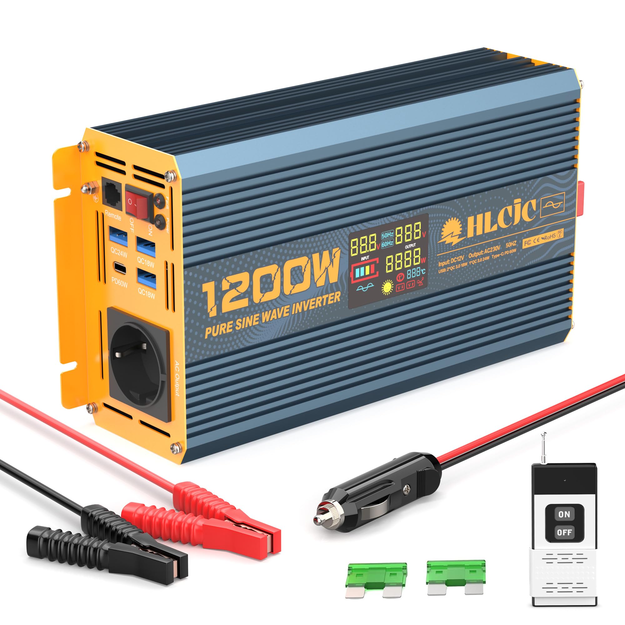 Convertidor de Voltaje 1200W/2400W Inversor de Onda Sinusoidal Pura 12V a 230V, Pantalla LCD para Autocaravana Camión Coche