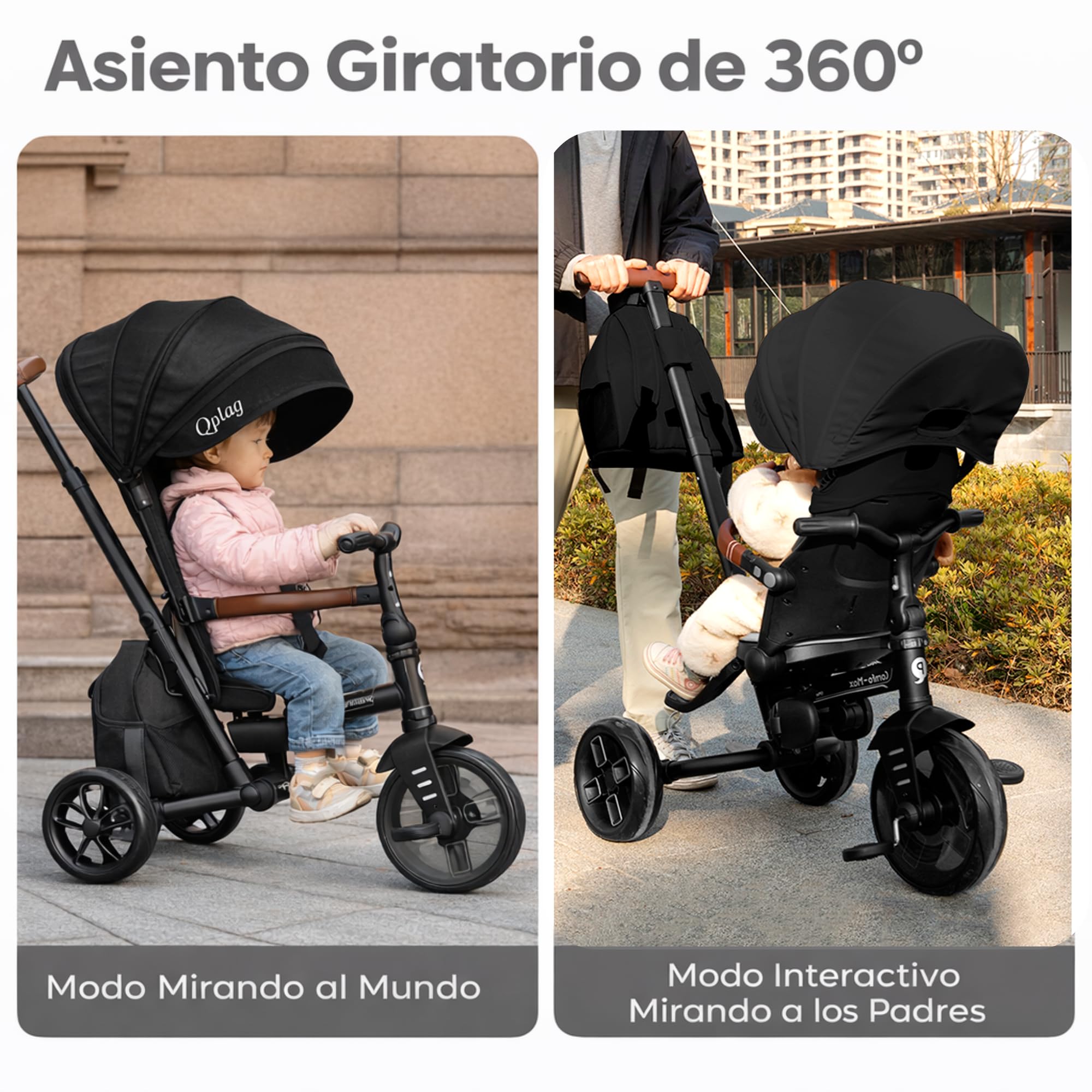 Qplay Triciclo Evolutivo COMFO MAX 6 en 1 Negro | Triciclo Bebe 1 Año Plegable de Aluminio con Asiento 360º, Reclinable y Capota – para Bebés de 10 a 72 Meses (Negro)