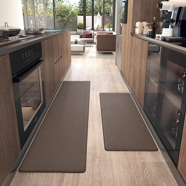 Color G 2 Piece Kitchen Mats Rug Set, Anti Fatigue Standing Mat Area Rugs Waterproof Leather, Non-slip, Oil Resistant Floor Mats for Kitchen, Office (43 x 75 cm + 43 x 150 cm, Brown)