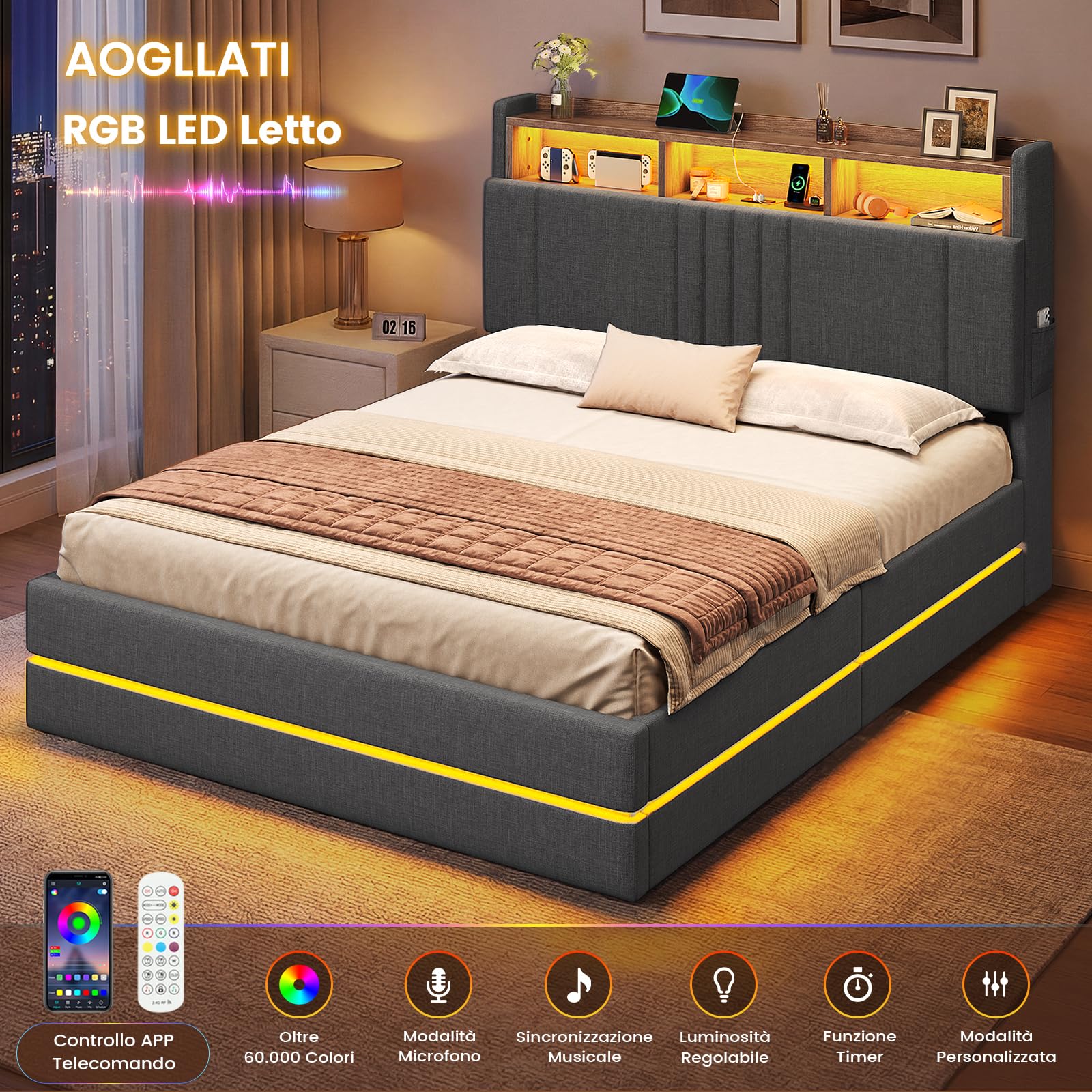 AOGLLATI Letto Matrimoniale 140x190 con Sollevamento Idraulico Grigio Scuro