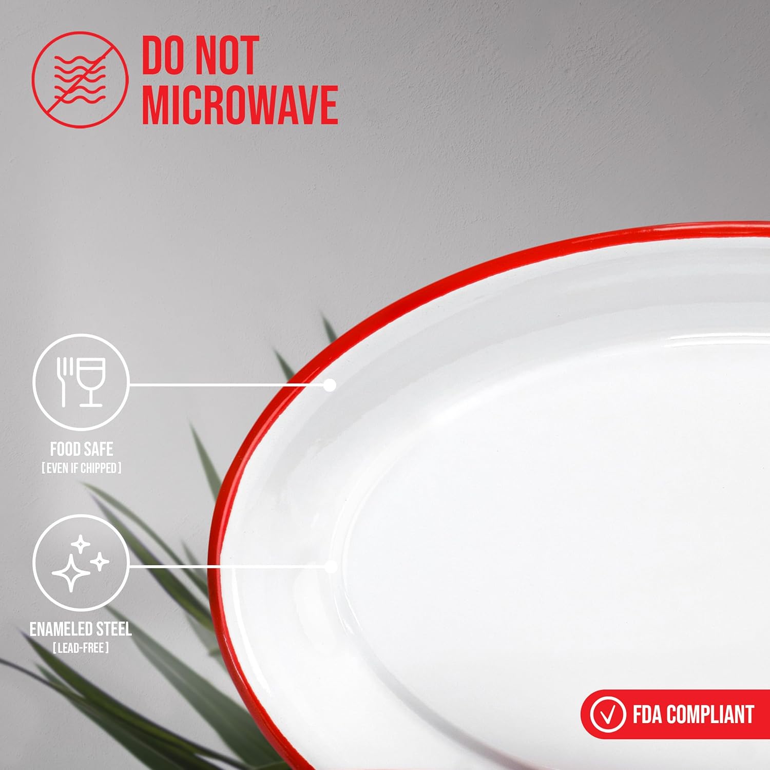 Red Co. Set of 4 Enamelware Metal Classic 13" Serving Oval Tray Platter, Solid White/Red Rim - Image 3