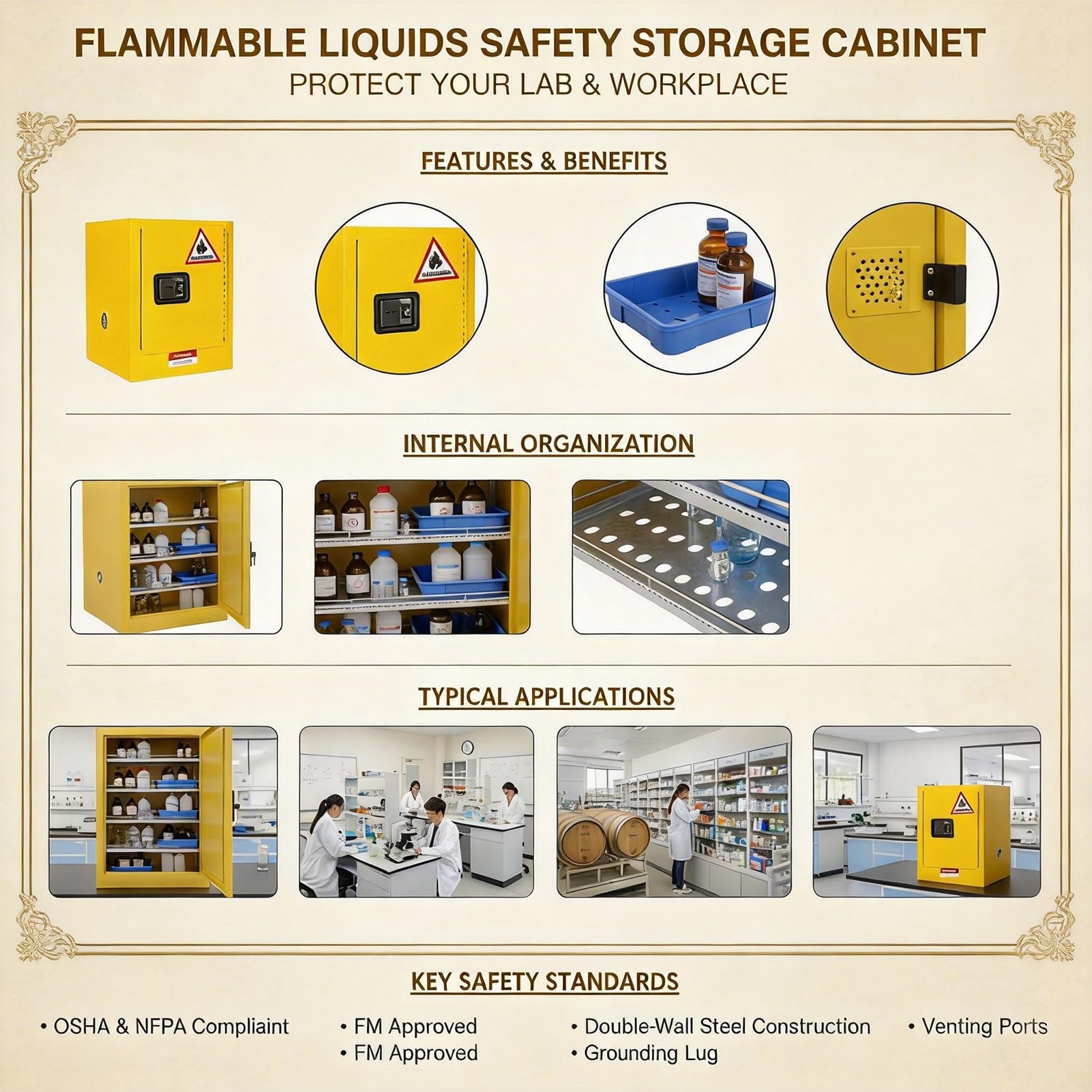 Armario de Seguridad Amarillo 8L y 15L - Antiexplosivo para Líquidos Inflamables - Almacenamiento Químico con Toma de Tierra para Laboratorio, Taller, Industria(2gal)