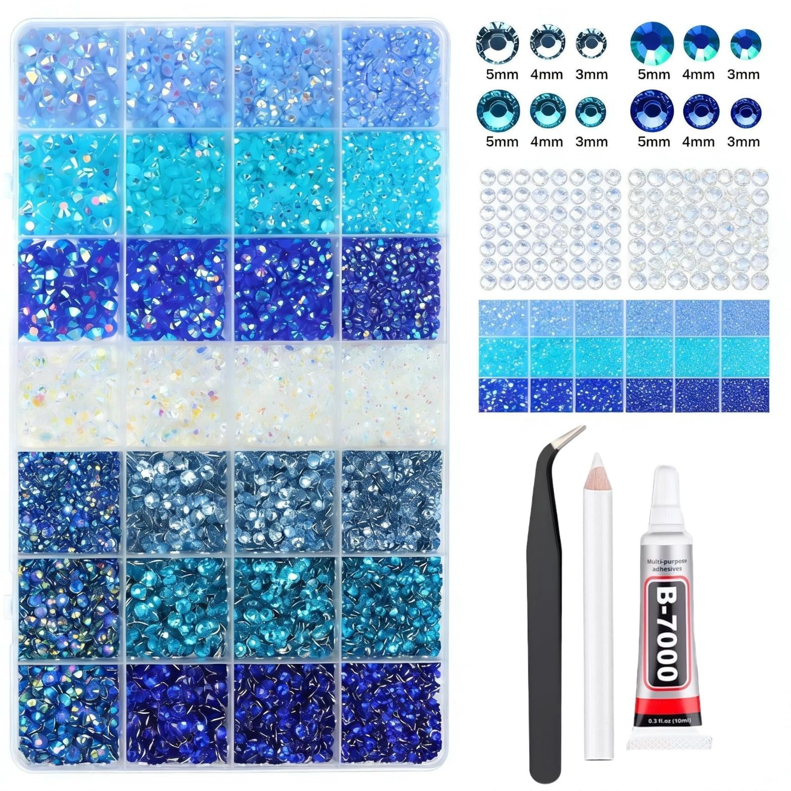 11760Pcs Blue Craft Rhinestones with B7000 Jewelry Glue, Multi-Size 3/4/5/6mm Resin Gems, Bedazzling Kit for DIY, Shoes, Cups, Fabric & Nail Art