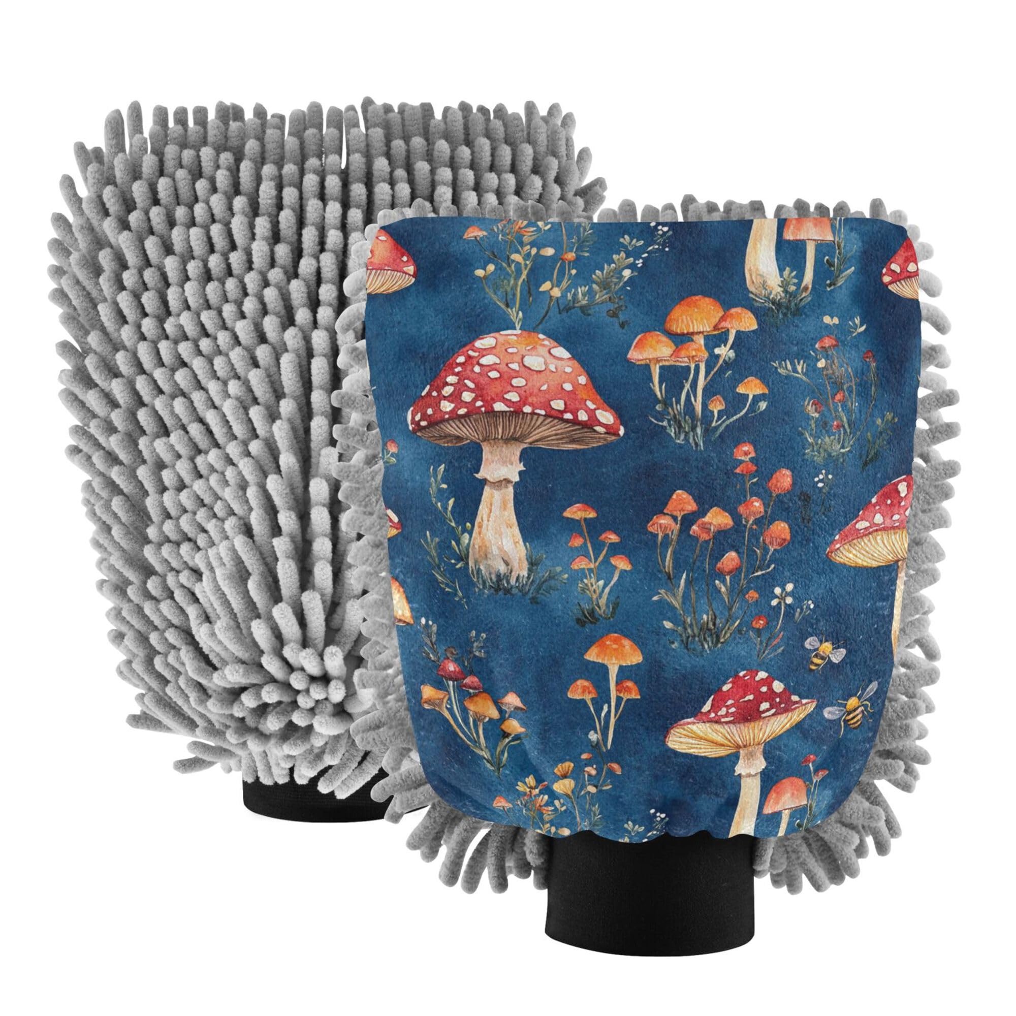 Red Mushrooms Royal Blue Car Wash Mit 2 Pack Car Washing Gloves Scratch-Free Clean Safe Mitt for Auto Cleaning